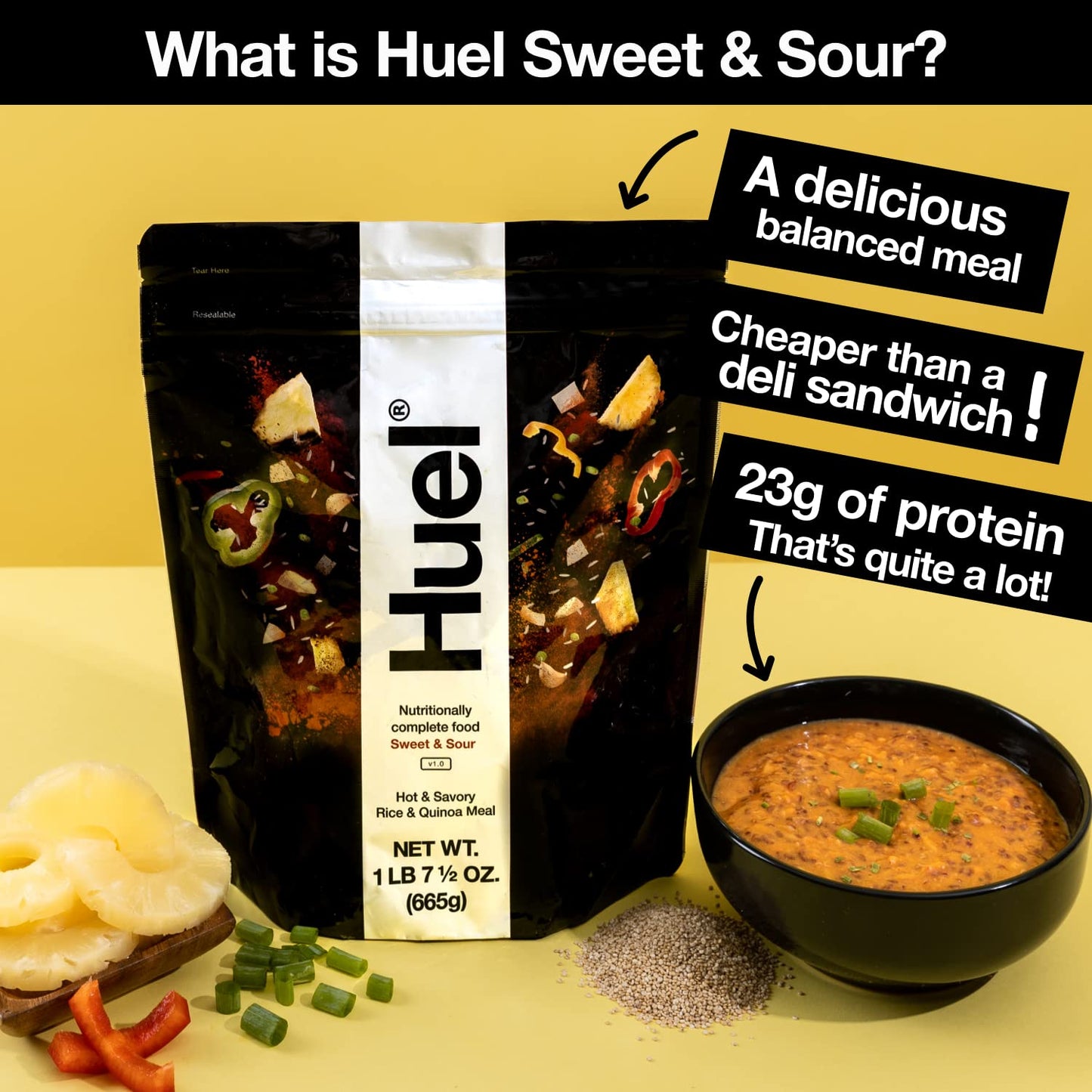Huel Hot and Savory Instant Meal Replacement - Sweet and Sour - 1.46 lb - 24g Protein, 14g Fiber, 27 Vitamins and Minerals