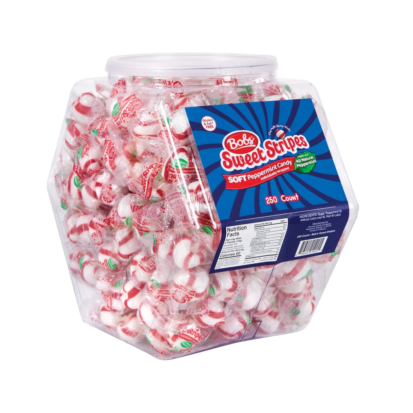 Bob'S Sweet Stripes Bobs Sweet Stripes Soft Peppermint Candy - 250 Mints Individually Wrapped In Reusable Plastic Tub - Peppermi