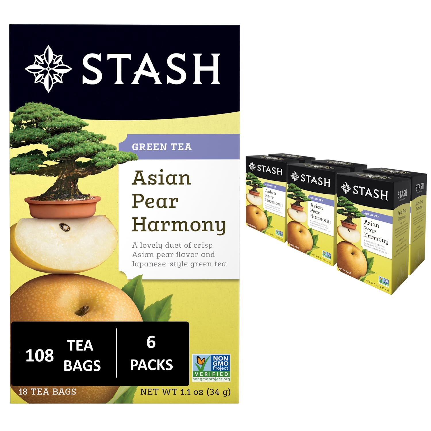Stash Tea Asian Pear Harmony Green Tea - Caffeinated, Non-GMO, 18 Count (Pack of 6), 108 Bags Total