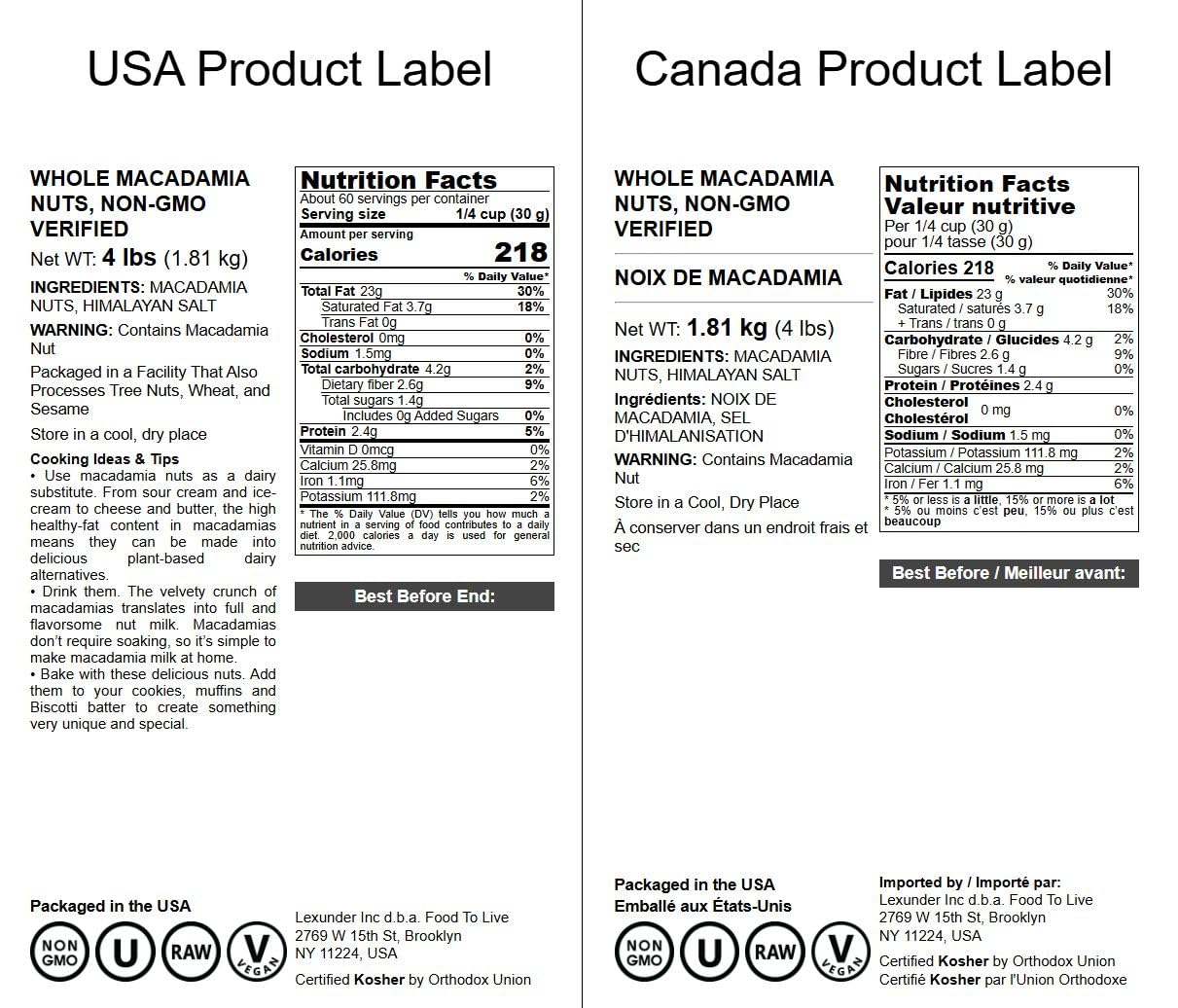 Food to Live Whole Macadamia Nuts, 4 Pounds - Non-GMO Verified, Raw, Unsalted, Unroasted, Keto Friendly, Kosher, Vegan, Bulk, Gr