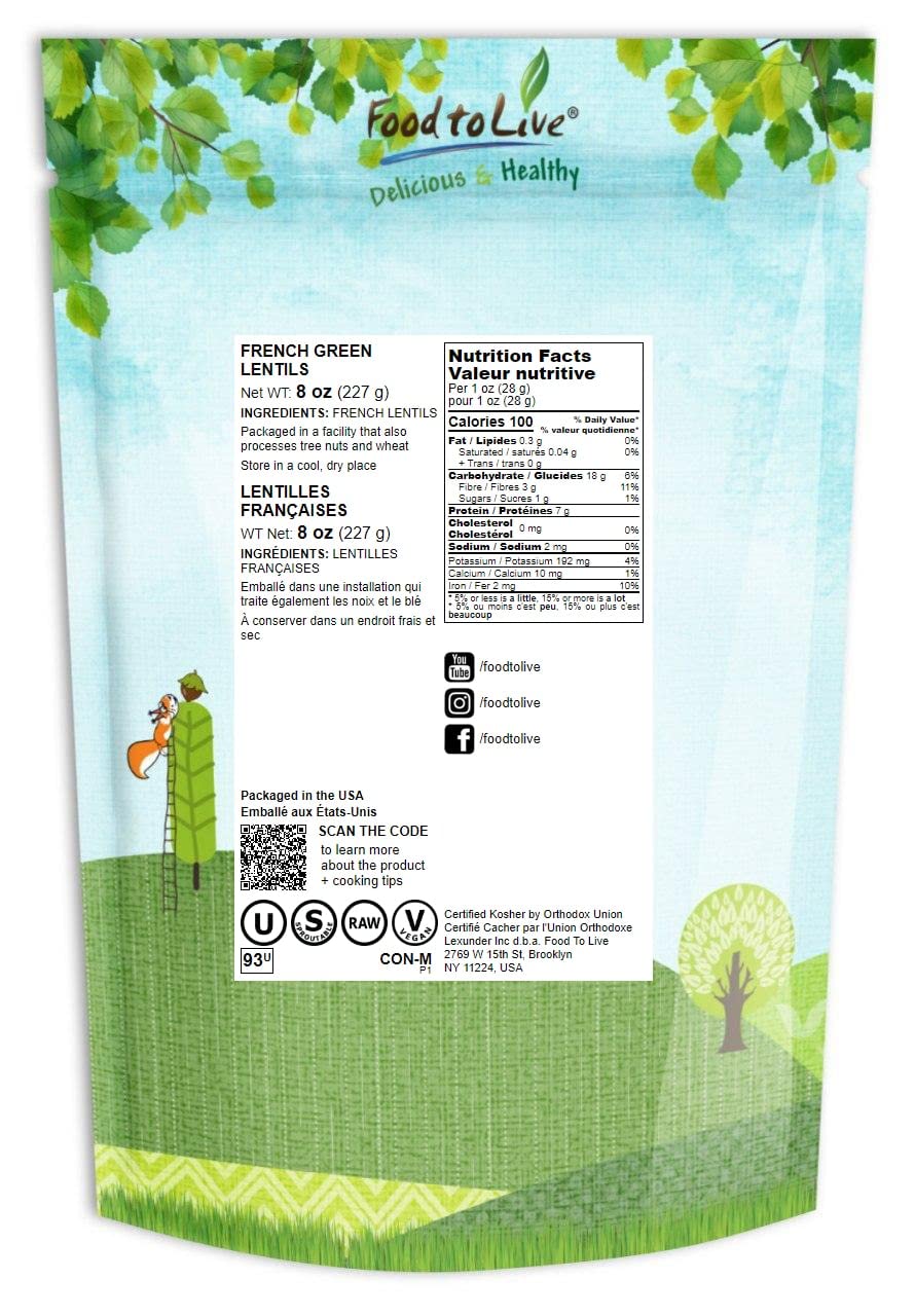 Food to Live French Green Lentils, Whole Dry Beans, 8 Ounce, Vegan, Raw, Kosher, Great for Soups and Curries