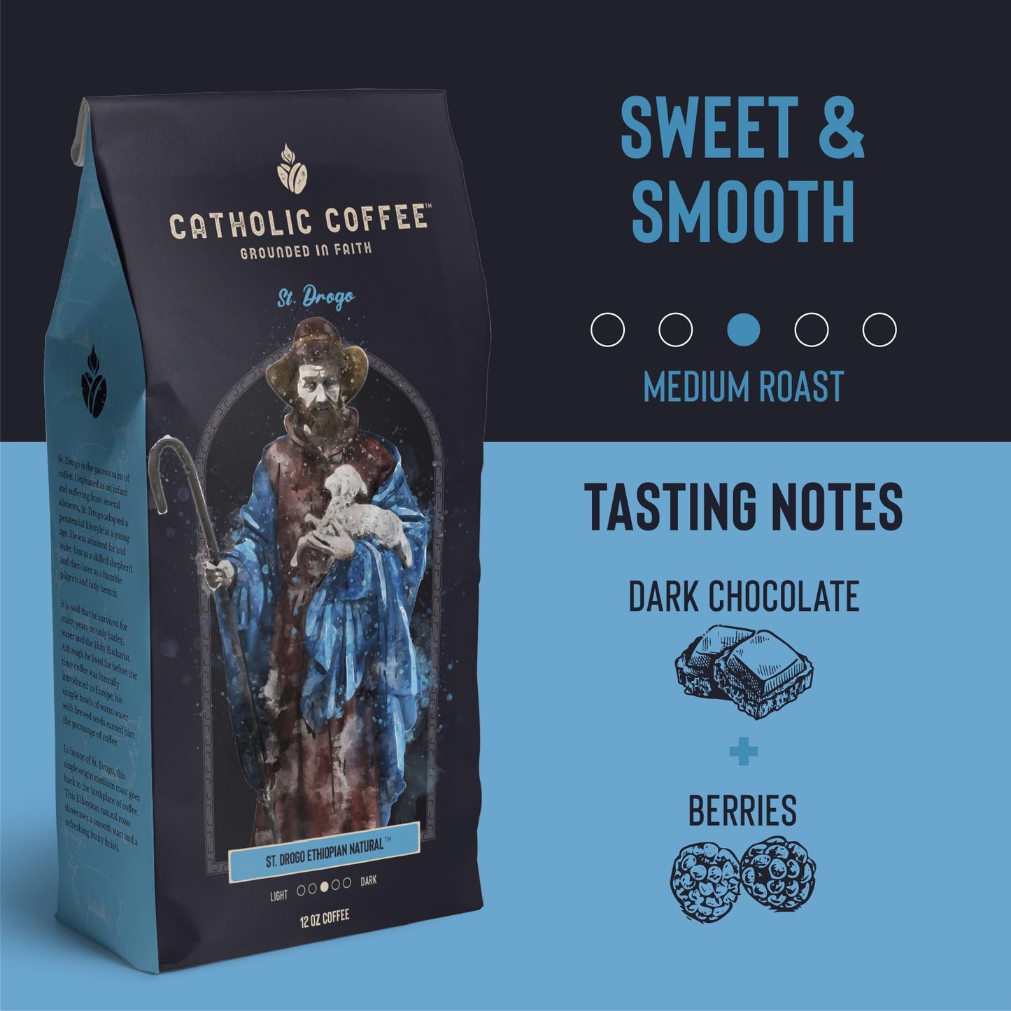 Catholic Coffee Pods - St. Drogo Ethiopian Medium Roast | Dark Chocolate & Berry Notes | 12 Pack, Single Serve Coffee Pods