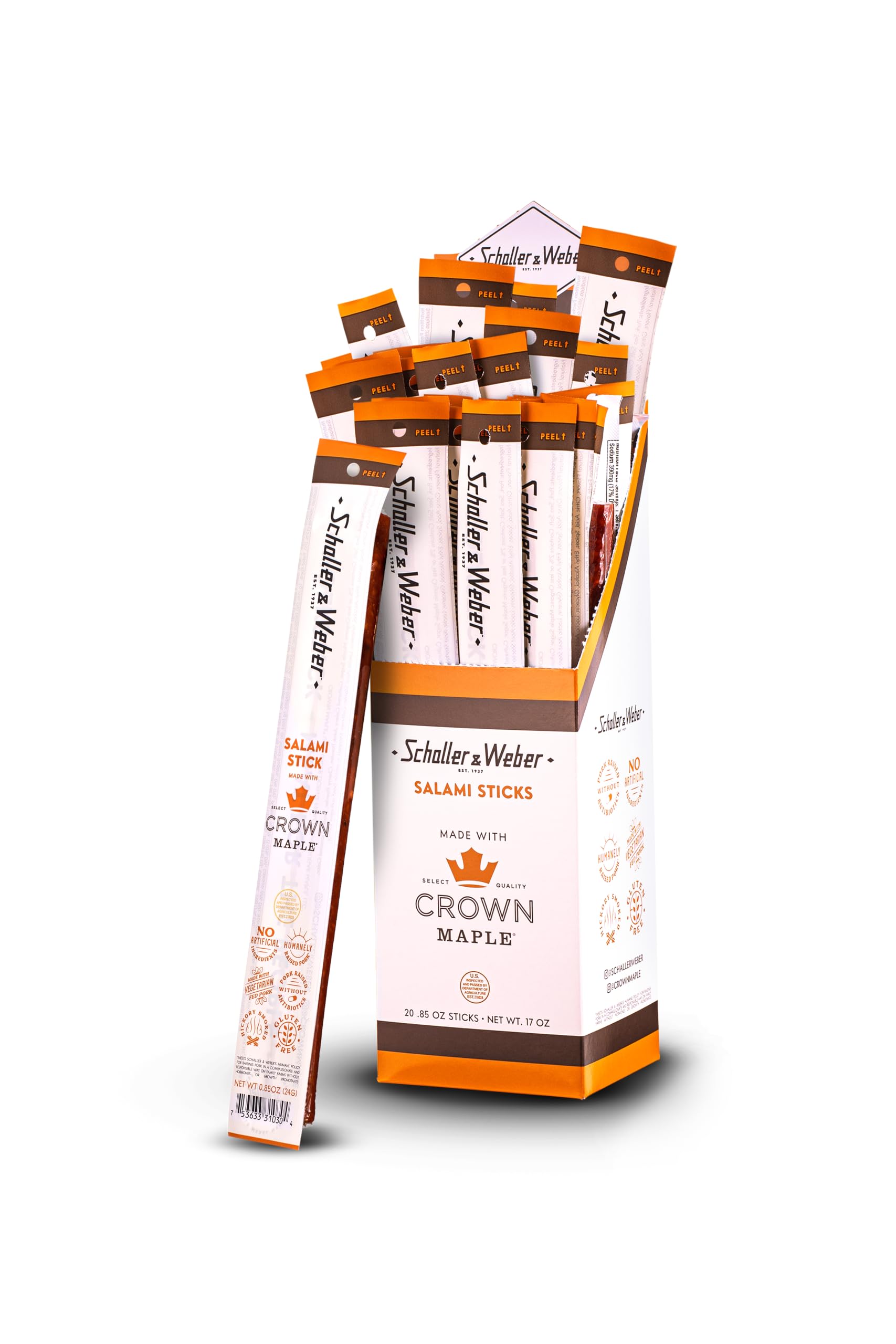 Schaller & Weber Crown Maple Salami Sticks, Smoked Sausage Snack, 0.85 Oz (Pack of 20), Gluten Free