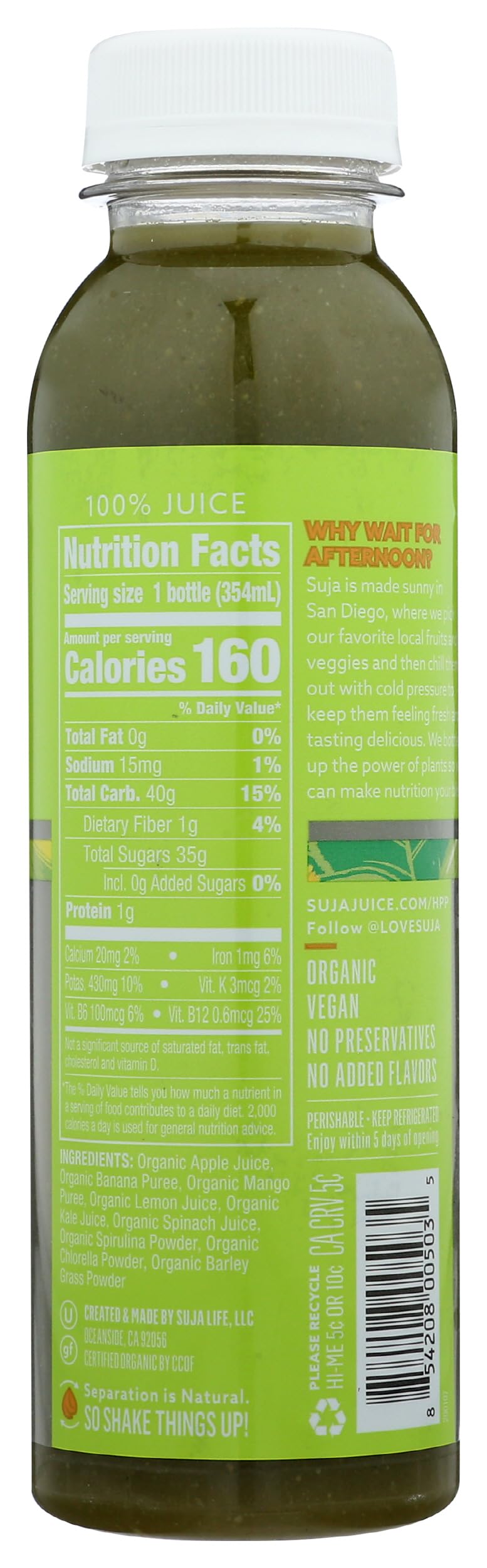 Suja Green Delight Organic & Cold Pressed Fruit and Vegetable Juice Smoothie, 12 Fl Oz Bottle
