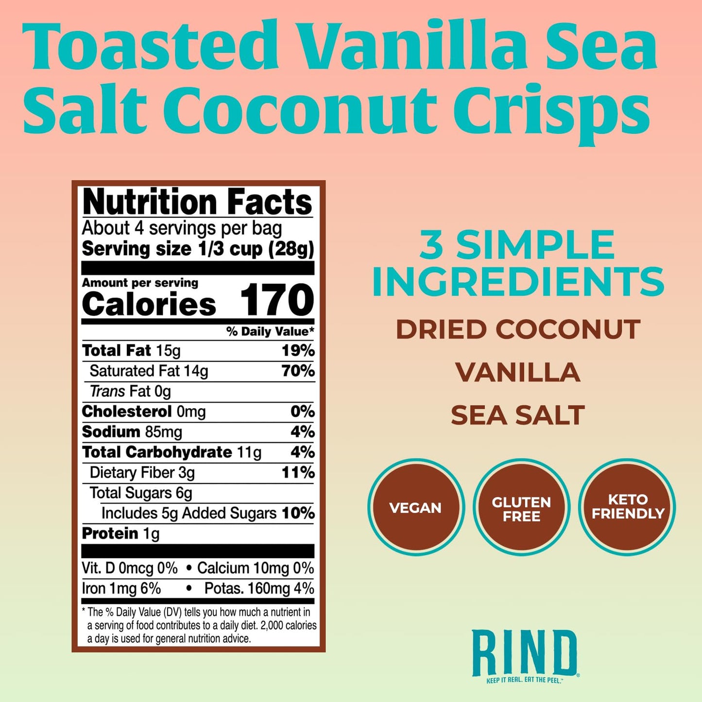 RIND Snacks | Coconut Crisps with Toasted Vanilla & Sea Salt | Dried Fruit Superfood | Snack Chips | Low Carbs | High Fiber | Ke