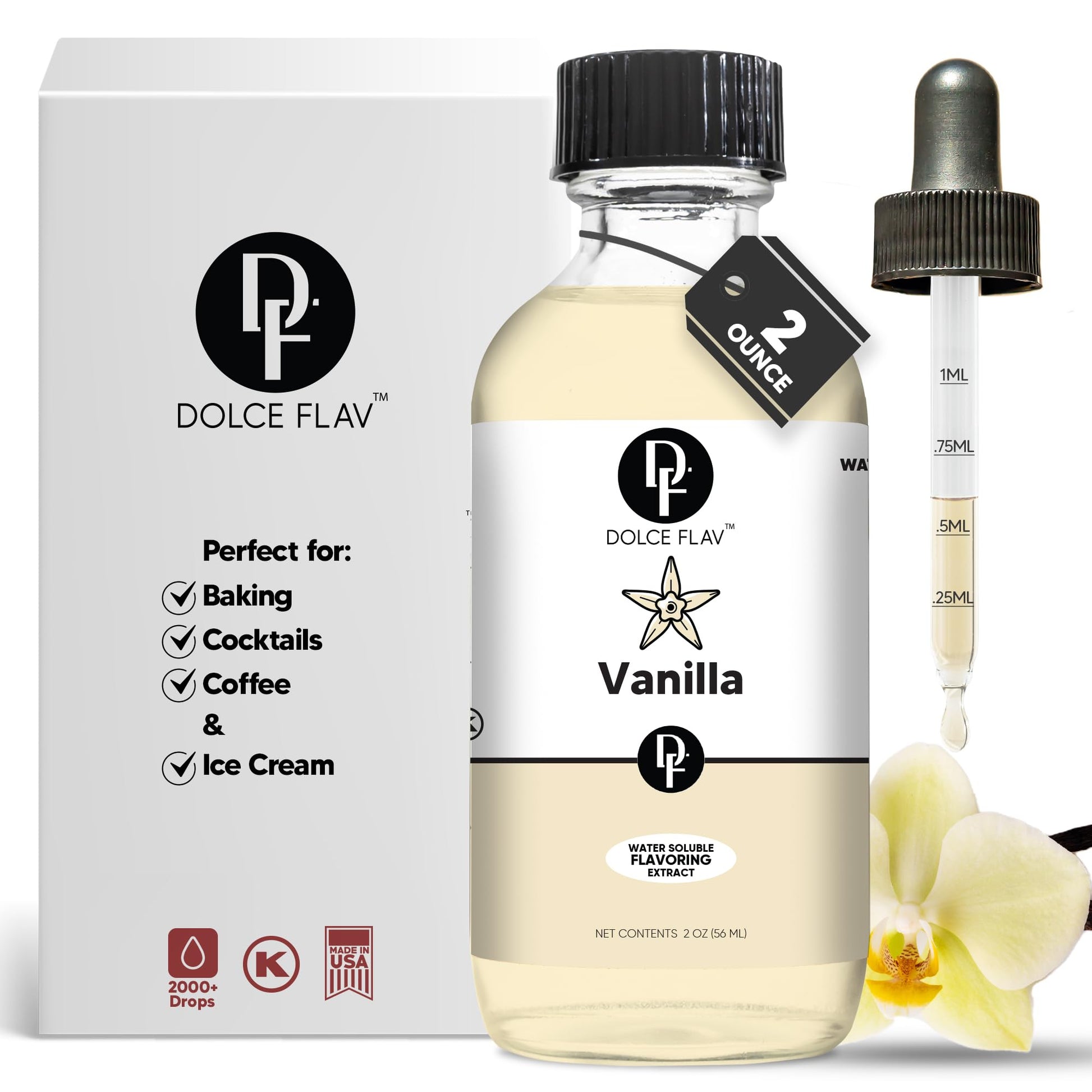 Dolce Flav Vanilla Extract – Water-Soluble, Sugar-Free, Concentrated Flavoring for Baking & Desserts – 2 Oz.