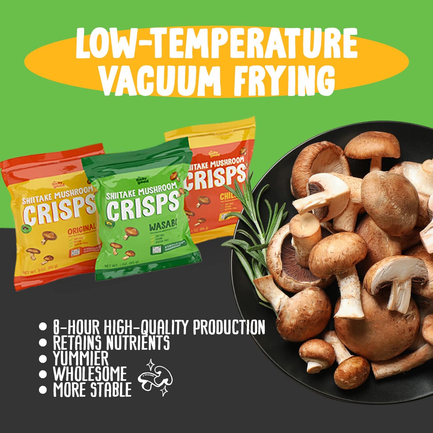 The Daily Good Shiitake Mushroom Crisps - 3-Pack Mushroom Chips, Gluten-Free Mushroom Snack, Non-GMO, Original, Wasabi, and Mexi