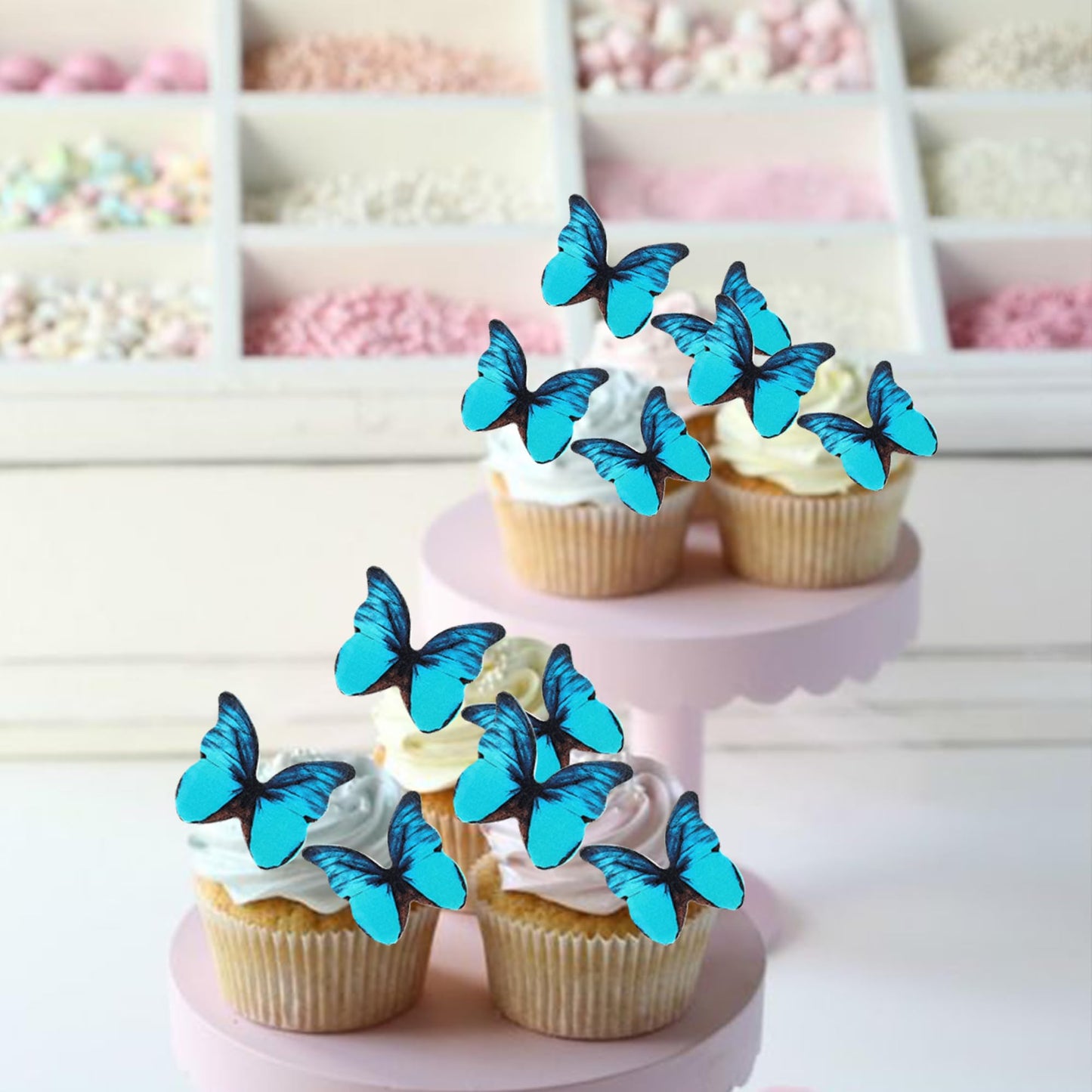 Rssta i 48 Pack Wafer Paper Butterflies Cupcake Toppers, Edible Cake Decorations, Blue