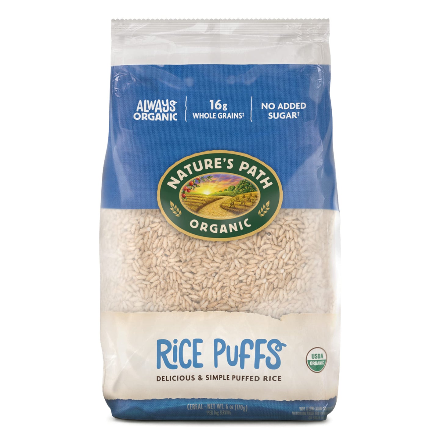 Nature'S Path Organic Rice Puffs Cereal, Earth Friendly Package, Non-Gmo, 16G Whole Grains, No Added Sugar, 6 Oz, Pack Of 12
