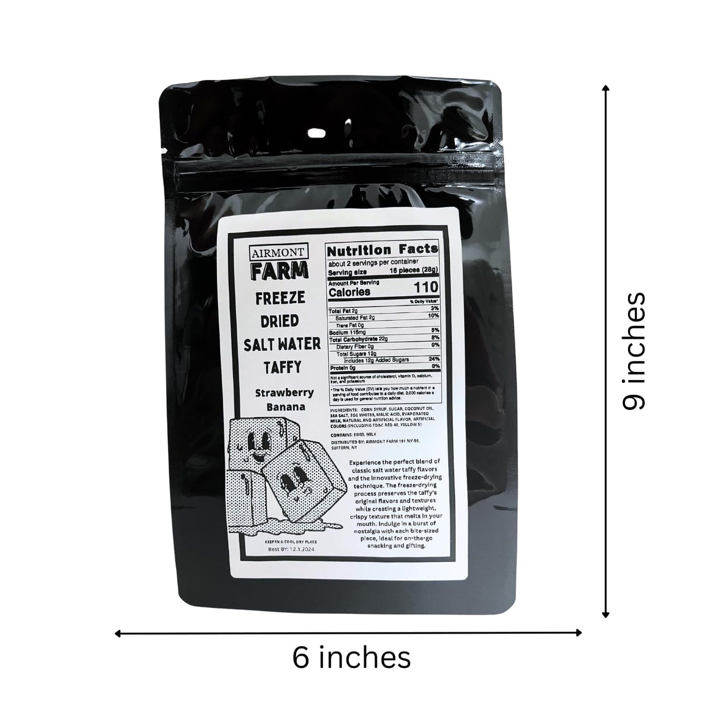 Airmont Farm Freeze-Dried Candy Salt Water Taffy - Strawberry Banana - 2 oz - Bite-Sized Pieces - Crunchy Snack
