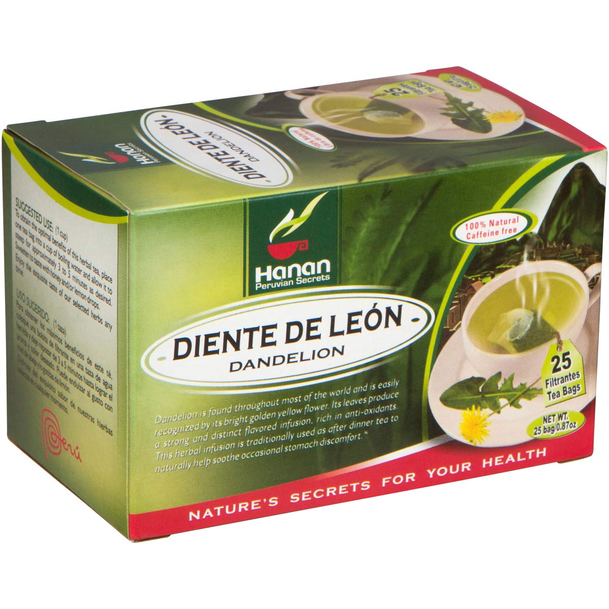 Hanan Dandelion Tea (Diente De Le  N) - 25 Tea Bags Of All-Natural Dandelion Leaves And Root From Peru, Detox Tea For Digestive