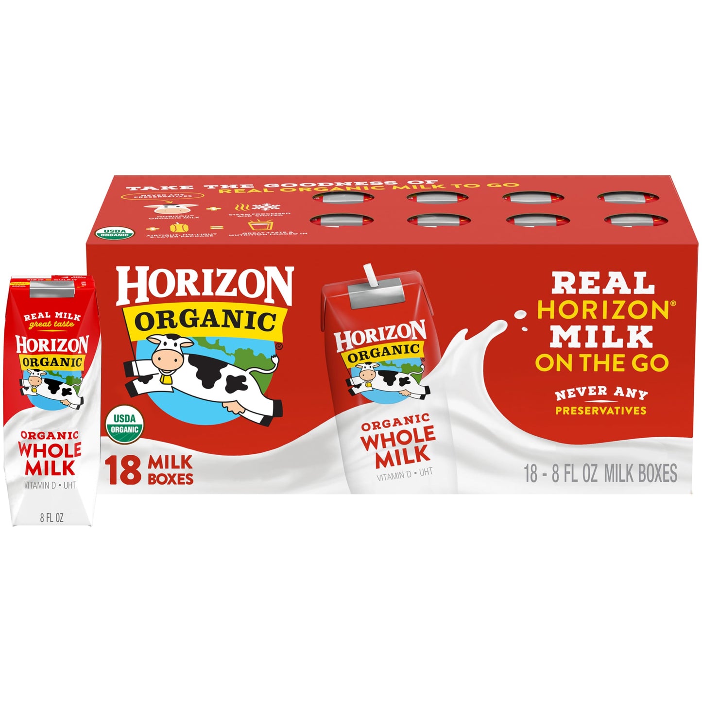 Horizon Organic Shelf Stable Whole Milk Boxes, 8 fl oz, 18 Count - 8g Protein per Serving, USDA Organic UHT from Pasture-Raised 
