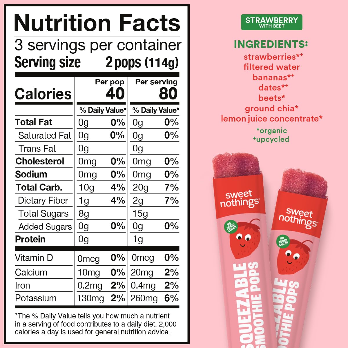 Sweet Nothings, Strawberry, Usda Organic Kids' Squeezable Super Fruit Smoothie Freezie Popsicle Pops, Value Pack Of 24 - Dye-Fre
