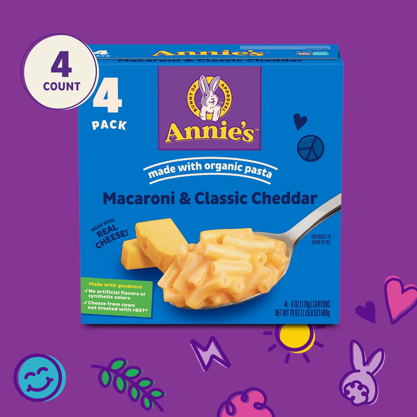 Annies Macaroni and Cheese, Classic Cheddar with Organic Pasta, 4 Ct, 24 oz
