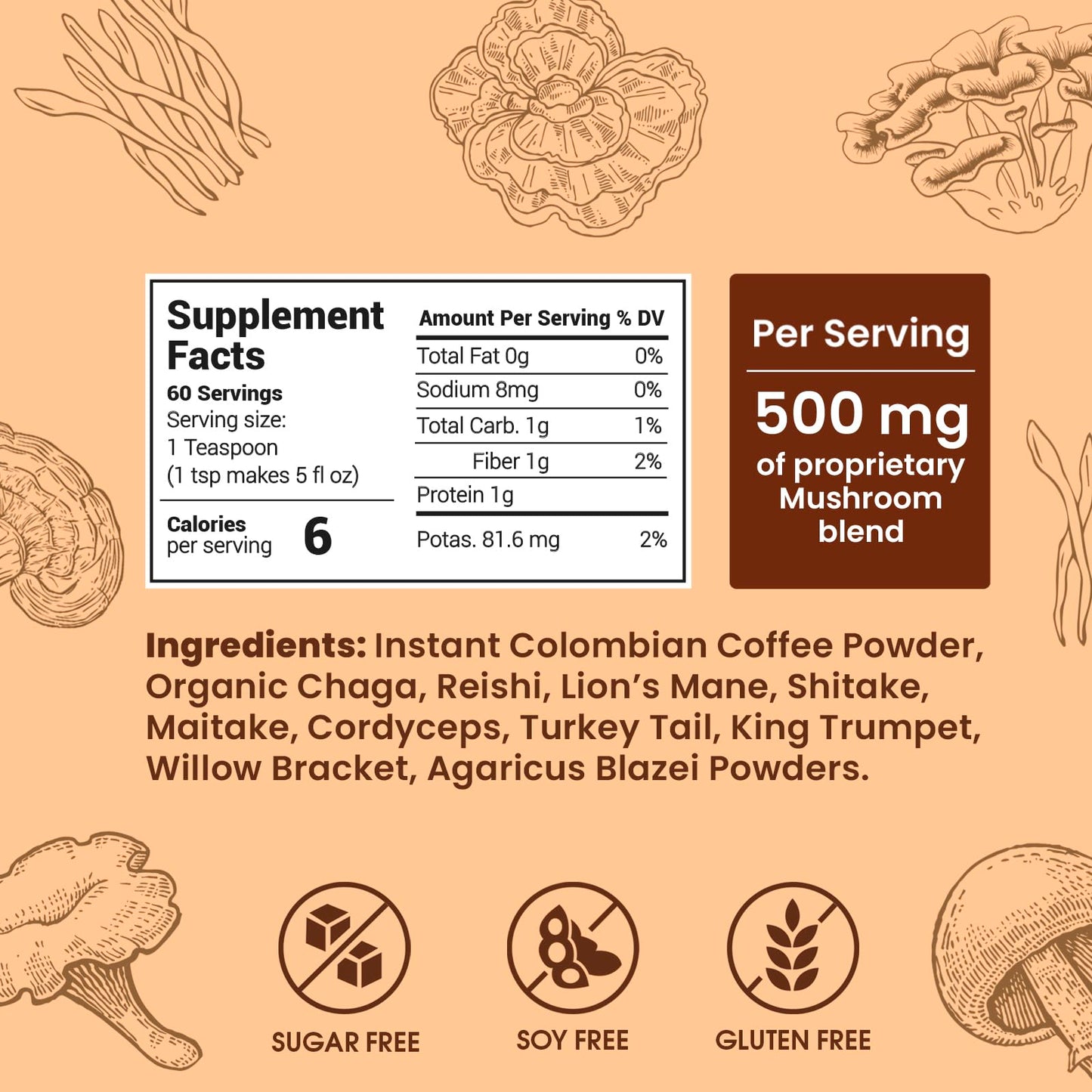 Mushroom Coffee Organic (60 Servings) 10 Mushrooms (Lions Mane, Cordyceps, Turkey Tail & Other) Mixed With Gourmet Arabica Insta