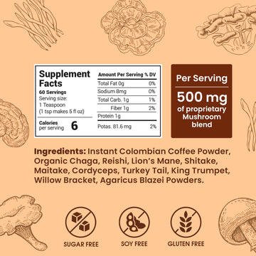 Mushroom Coffee Organic (60 Servings) 10 Mushrooms (Lions Mane, Cordyceps, Turkey Tail & Other) Mixed With Gourmet Arabica Insta