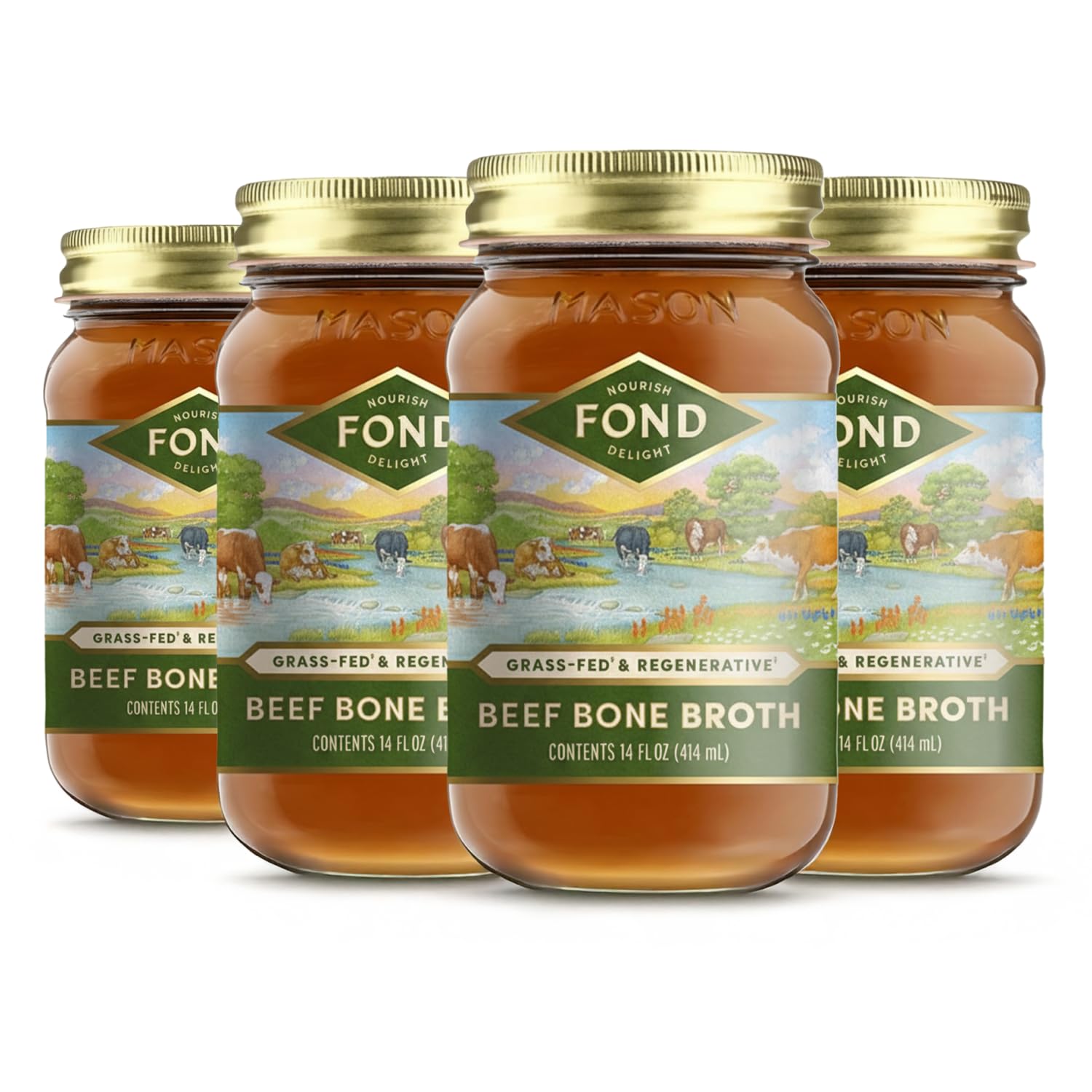 FOND Regenerative Grass Fed Beef Bone Broth - Slow-Simmered Beef Broth for Rich and Nourishing Flavor  Nutrient-Dense  Artisan Quality - Pure & Unflavored  14 oz (4-Pack)