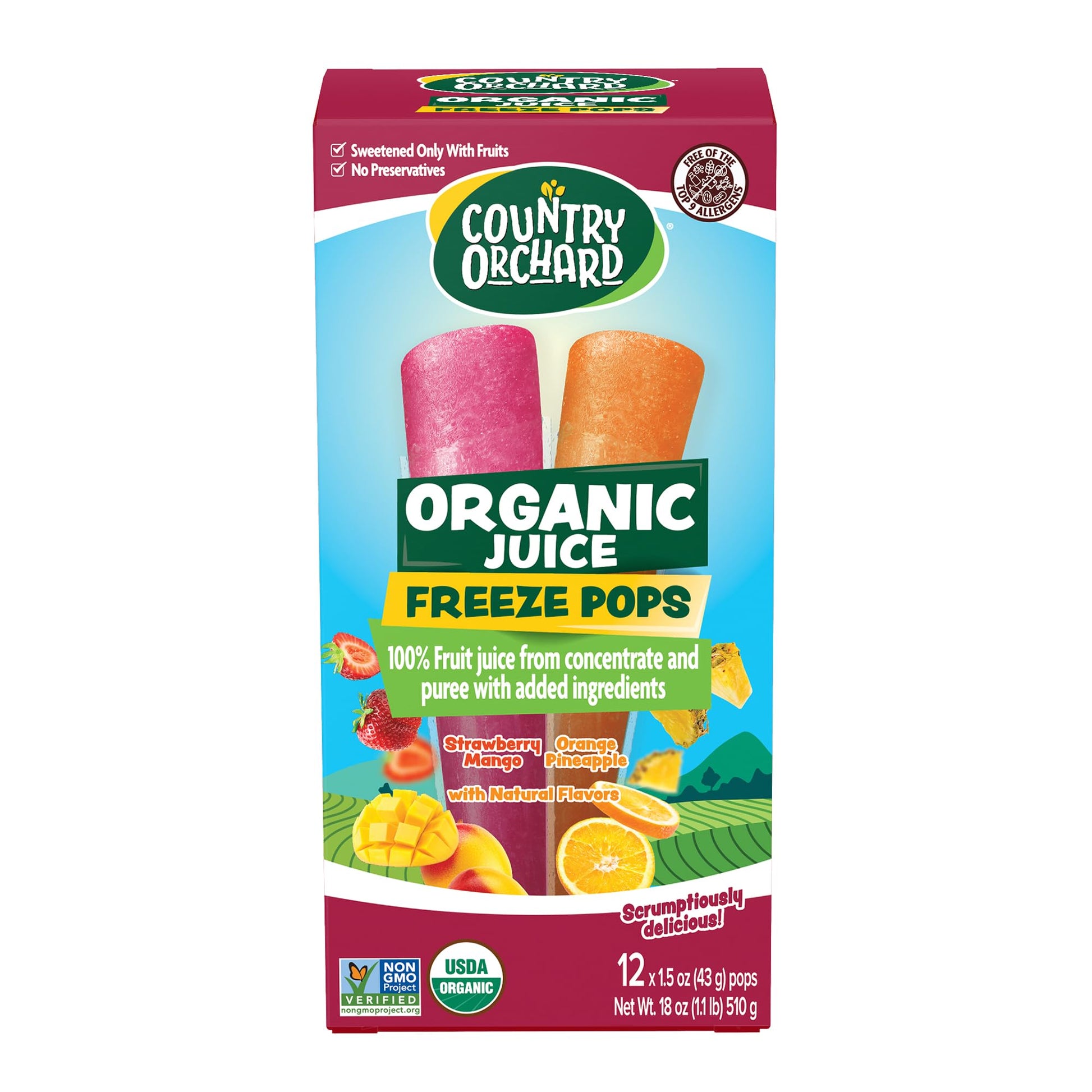 Kisko Freezies Country Orchard Organic Freeze Pops 100% Juice (Strawberry)