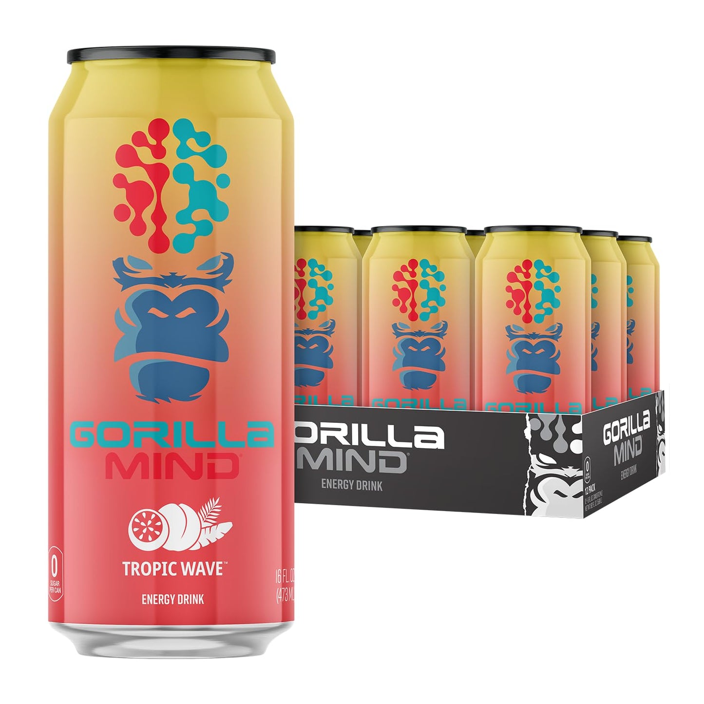 Gorilla Mind Energy Drink | Unmatched Energy  Amplified Focus | N-Acetyl-L-Tyrosine  Alpha-GPC  200mg Caffeine  Uridine  Saffron | 0 Sugar Or Artificial Colors | 16oz  12-Pack (Tropic Storm)