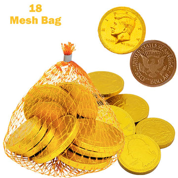 Fruidles Chocolate Coins In Mesh Bags, 10 Belgian Milk Chocolate Half-Dollar Gold Coins Per Mesh Bag, Total 27Oz Mesh Bags (18 M