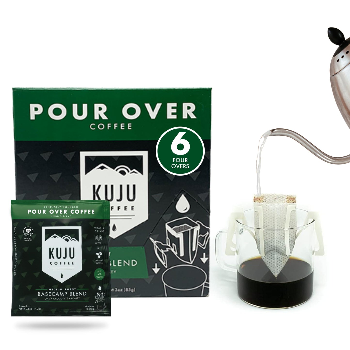 Kuju Coffee Premium Pour Over Coffee Singles - Basecamp Blend, Medium Roast, 0.5 Ounce (Pack of 6)