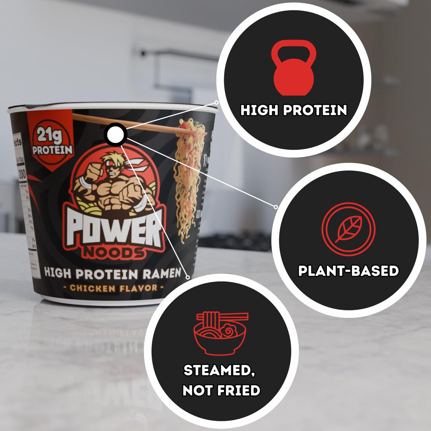 Power Noods High Protein Ramen Noodles - 6 or 12 Pack | Protein Ramen Cups for Lunch or Dinner | Better for You Plant-Based Inst