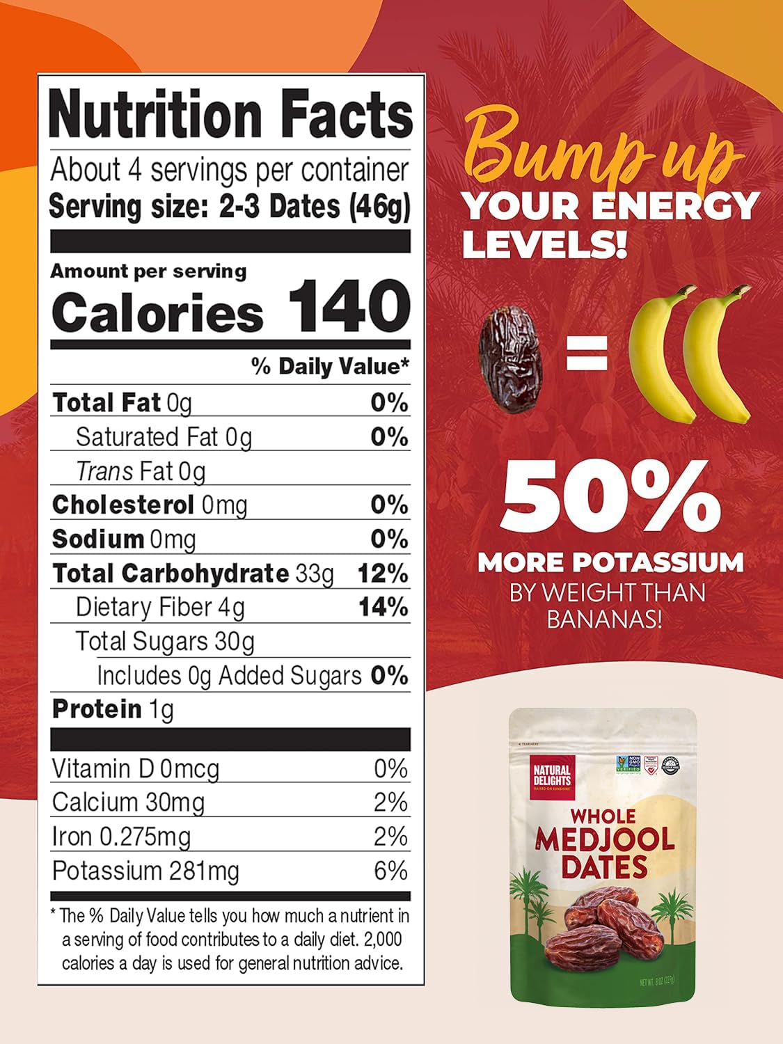 Natural Delights Medjool Dates – Non-GMO, Fiber-Rich Snack, 8 oz Container