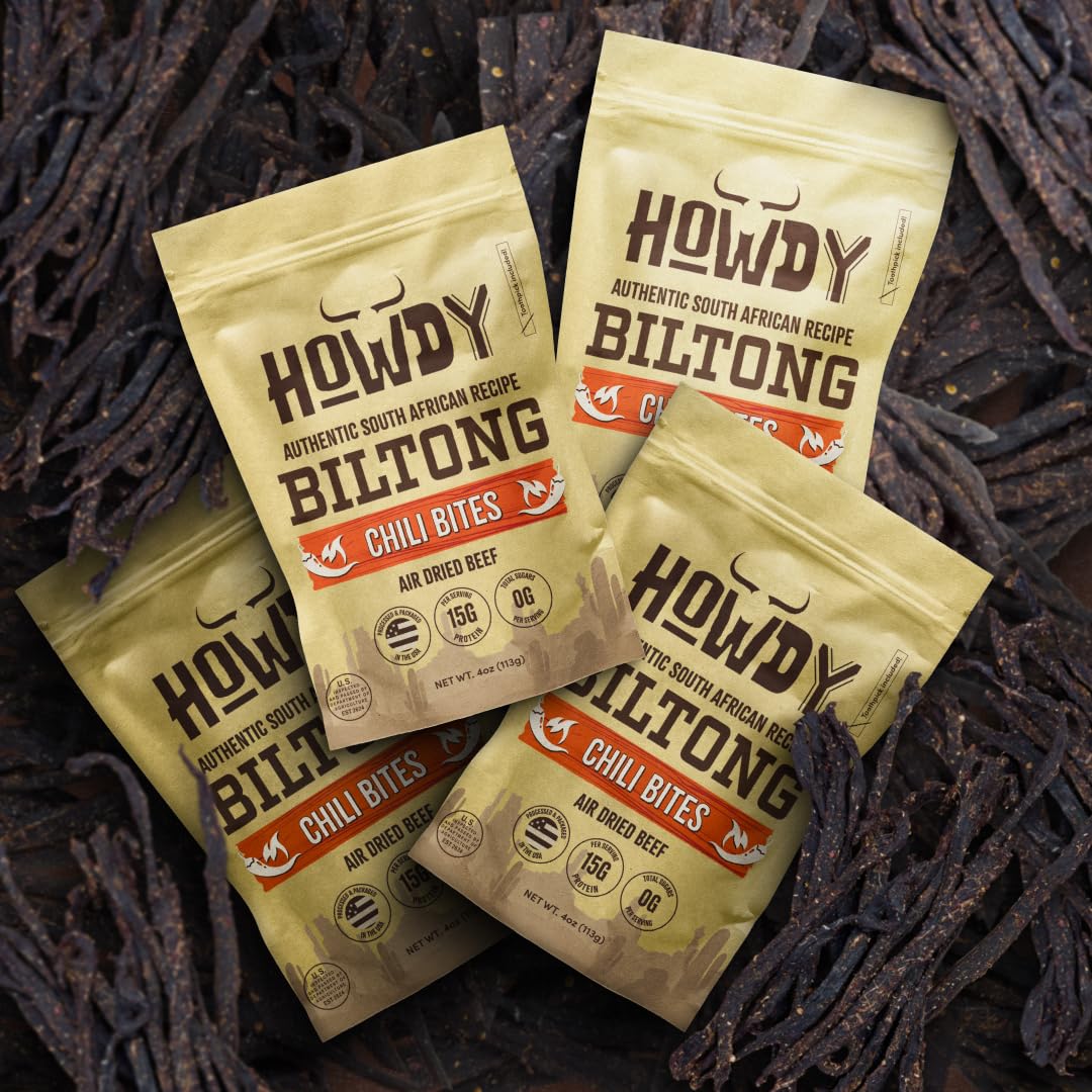 Howdysnax Biltong Chili Bites – 4 Pack (16 Oz Total) – Bulk Spicy Beef Snack • High-Protein • Keto & Paleo • No Preservatives • Made In Usa