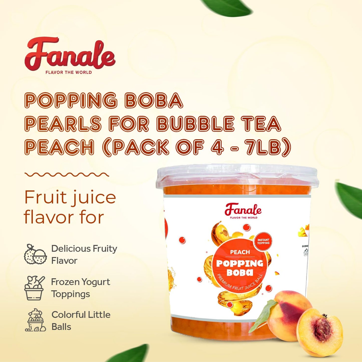 Fanale Peach Popping Boba Pearls, Vegan, Non Gmo, Gluten Free, Fat Free, Perfect For Bubble Tea, Smoothies, Ice Cream, Desserts,