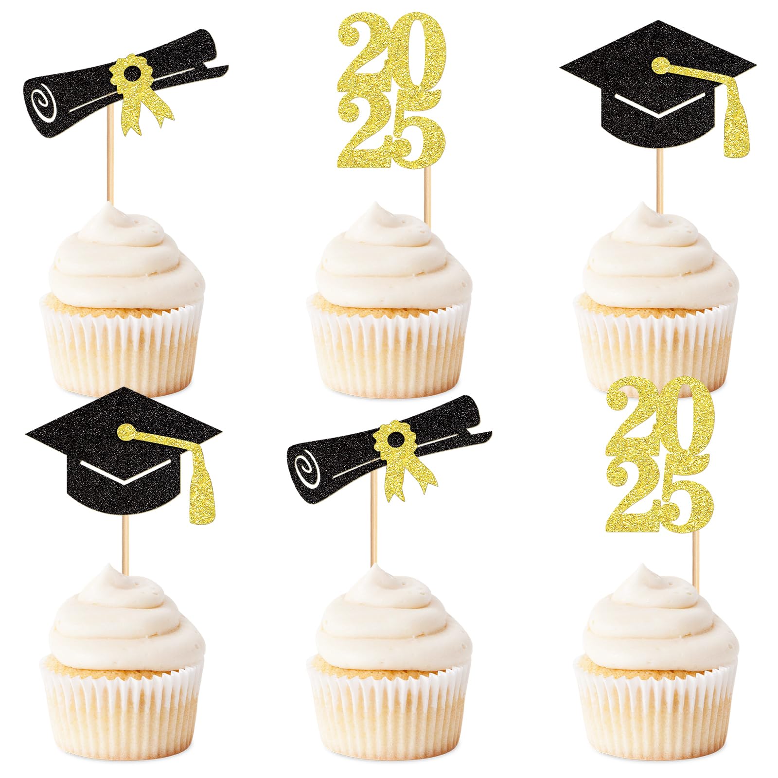 Keaziu Graduation Cupcake Toppers, 24 Pack, Class of 2025, Gold 3