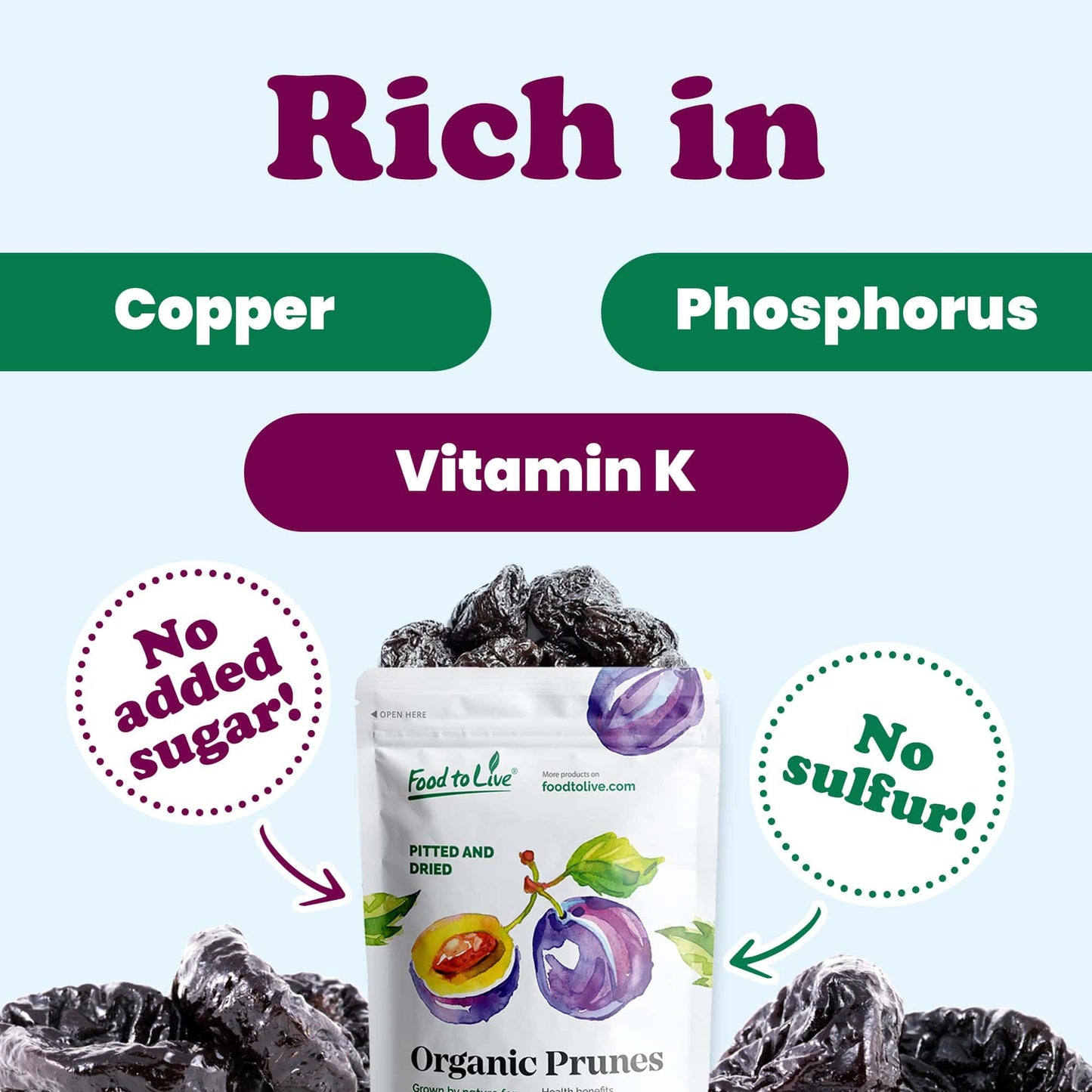 Food to Live Organic Pitted Prunes, 2 Pounds Dried California Plums, Non-GMO, Kosher, Unsulfured, Unsweetened, Bulk