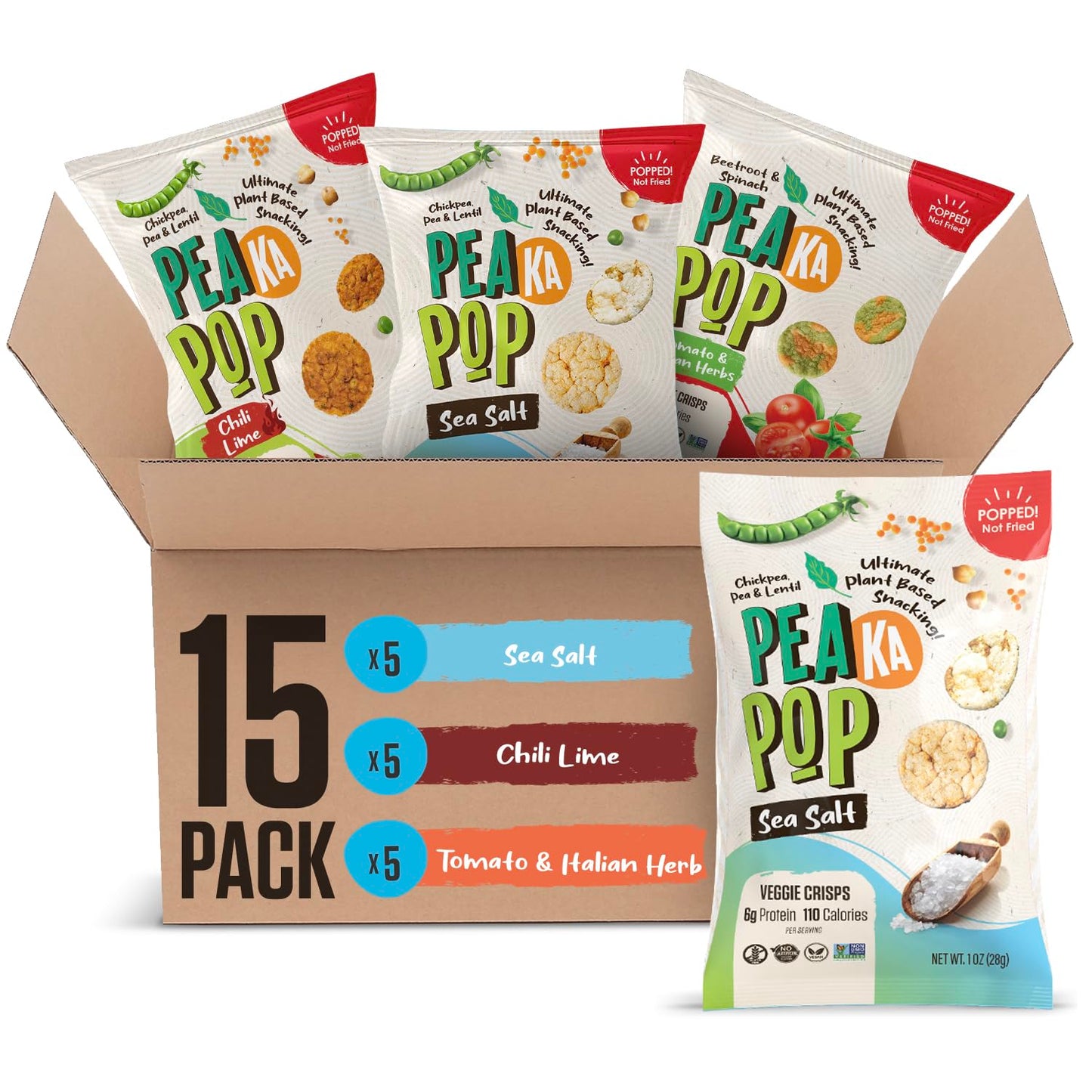 PEAKAPOP Veggie Chips – Plant-Based, Vegan, Gluten-Free, 1 oz Bags (15-Pack) – Variety Pack