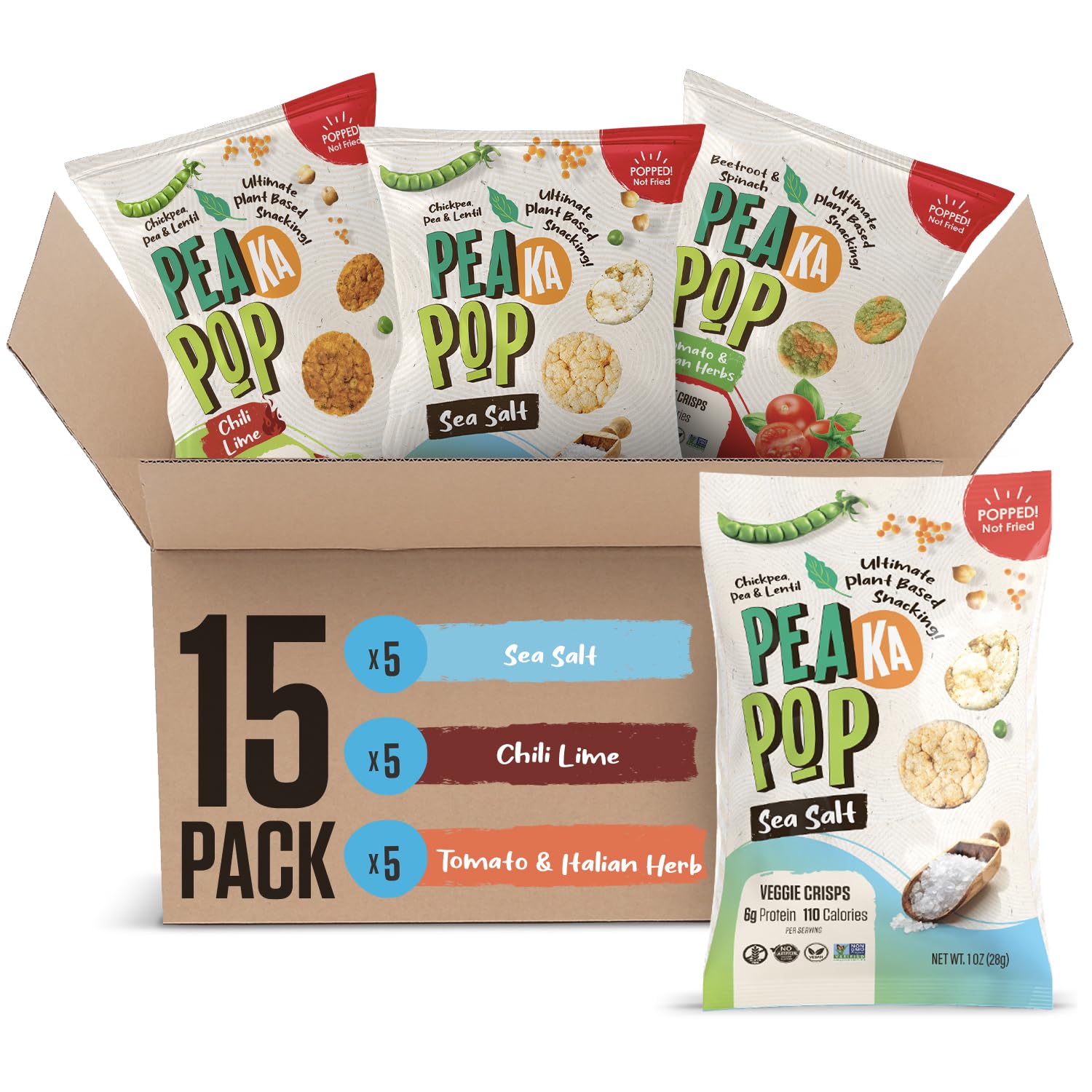 PEAKAPOP Veggie Chips – Plant-Based, Vegan, Gluten-Free, 1 oz Bags (15-Pack) – Variety Pack