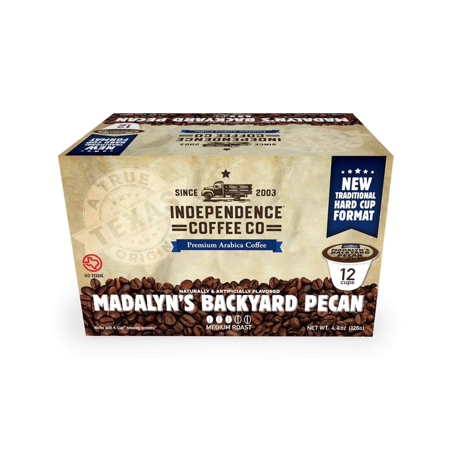 Independence Coffee Co. K Cup Pods, Madalyns Backyard Pecan Flavored, Light Roast, 12 Count