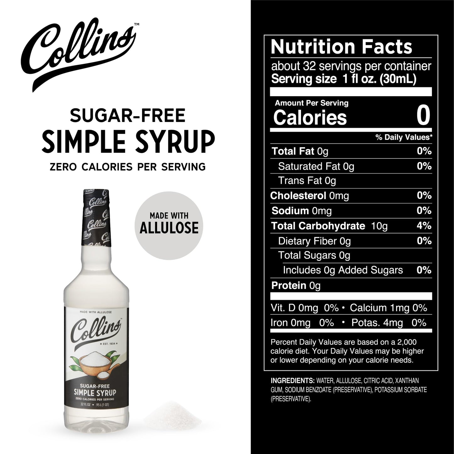Collins Sugar Free Simple Syrup, Low Carb Cocktail Sweetener, 32 Fl Oz, Allulose Coffee Syrup