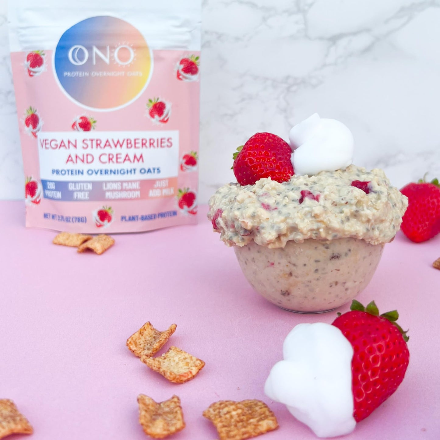 Ono Overnight Oats - Vegan Strawberries And Cream Protein Oatmeal (6 Pack)- 20G Vegan Protein, High Fiber, Low Sugar, Gluten-Fre