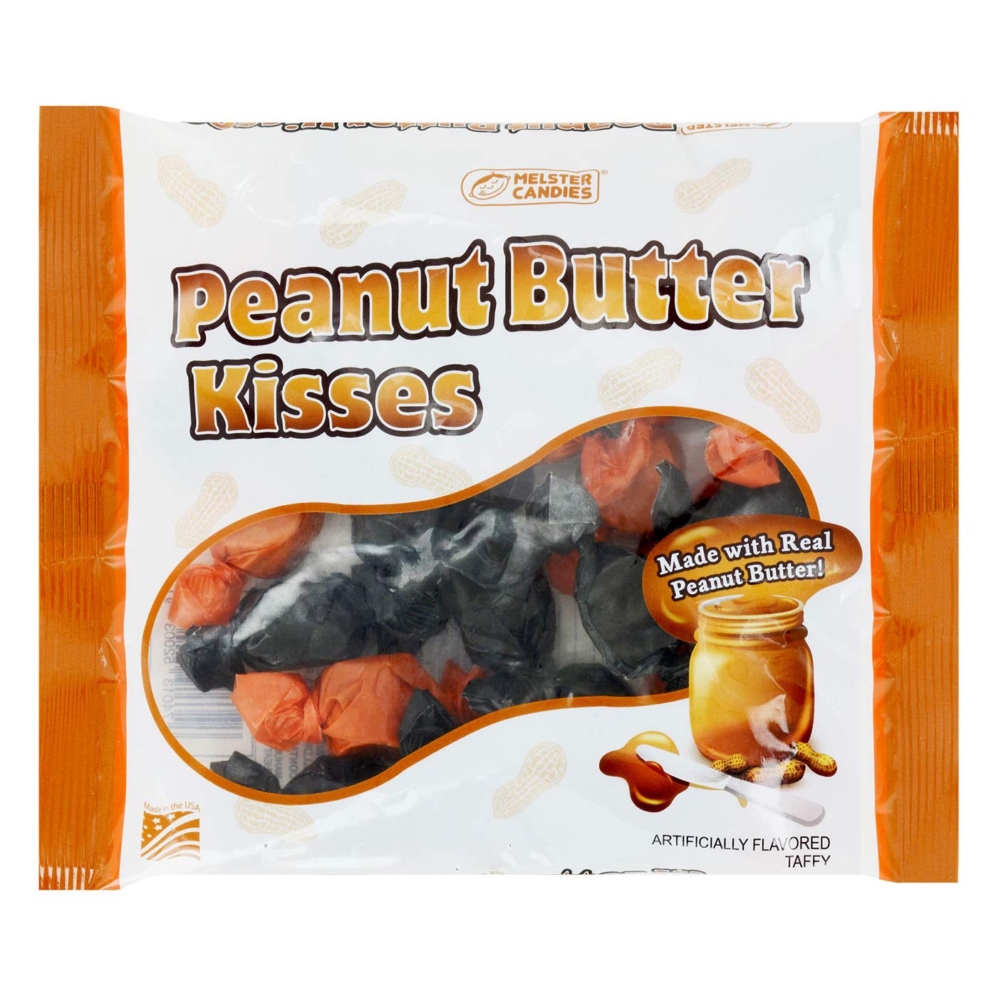 Melster Candies (1) Bag Peanut Butter Kisses Taffy Candy - Fall/Halloween Candy - Black & Orange Wrappers - Made With Real Peanu