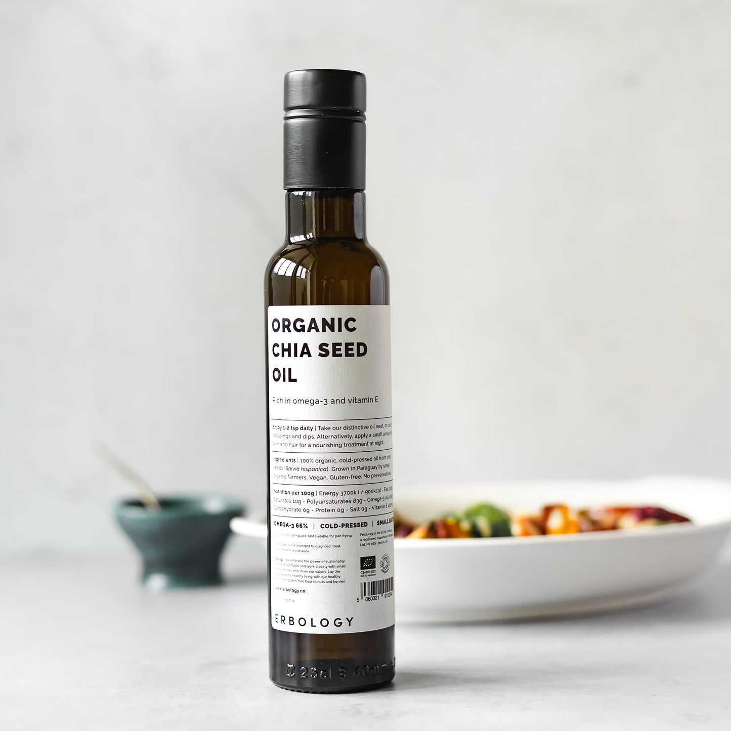 Erbology Organic Chia Seed Oil 8.5 Fl Oz - Cold-Pressed - Rich In Omega-3 (66%) And Vitamin E (330% Ri) - No Additives Or Preser