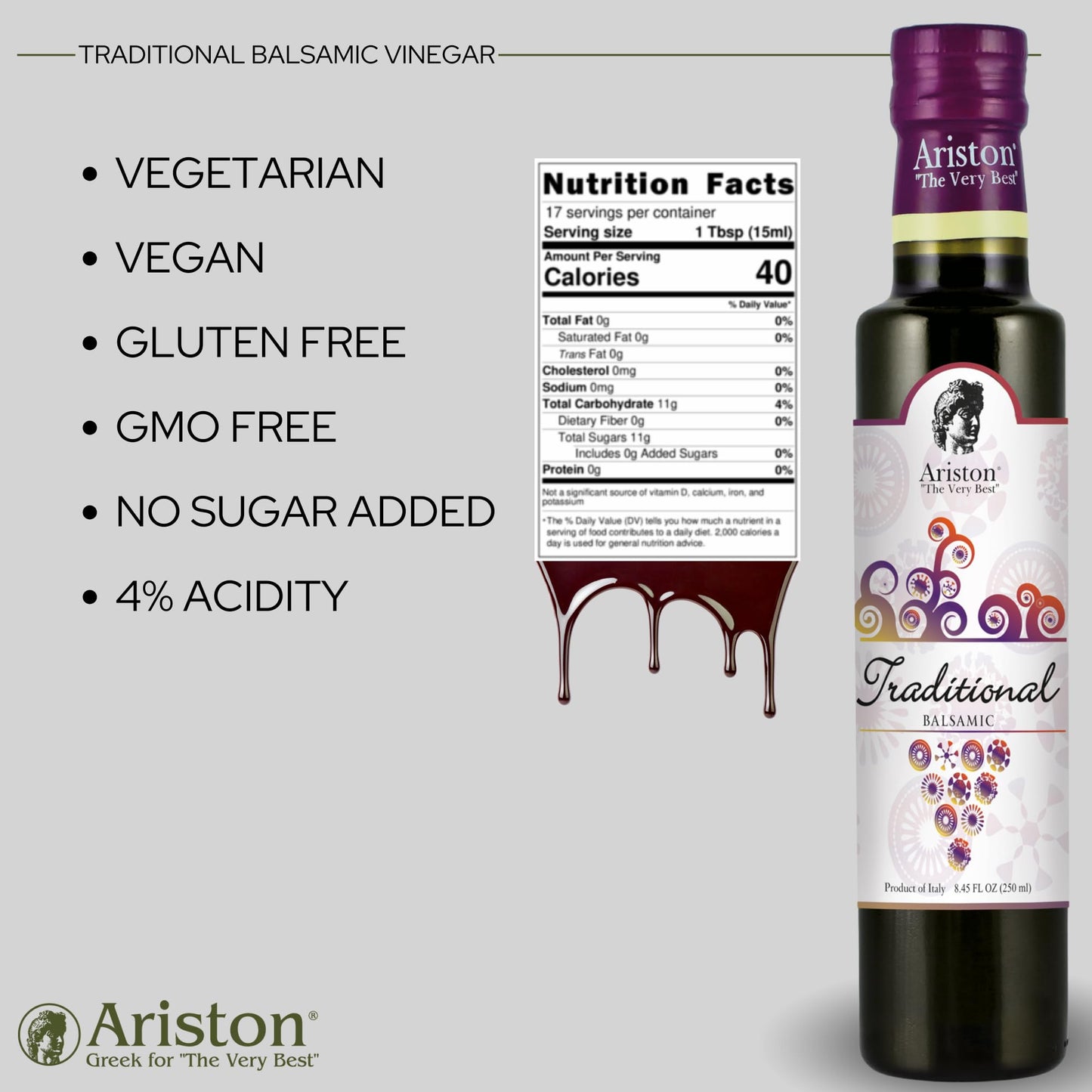 Ariston Balsamic Vinegar Set - 4 Bottles, Aged 250ml, Premium Quality, Sweet Taste, Product of Italy