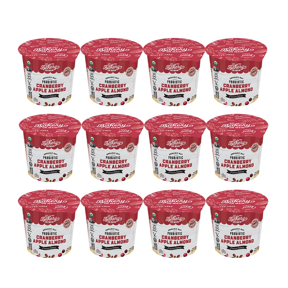 Bakery On Main Oatmeal Cups, Usda Organic, Gluten-Free, Vegan & Non Gmo, Probiotic - Cranberry Apple Almond, 1.9Oz (Pack Of 12)