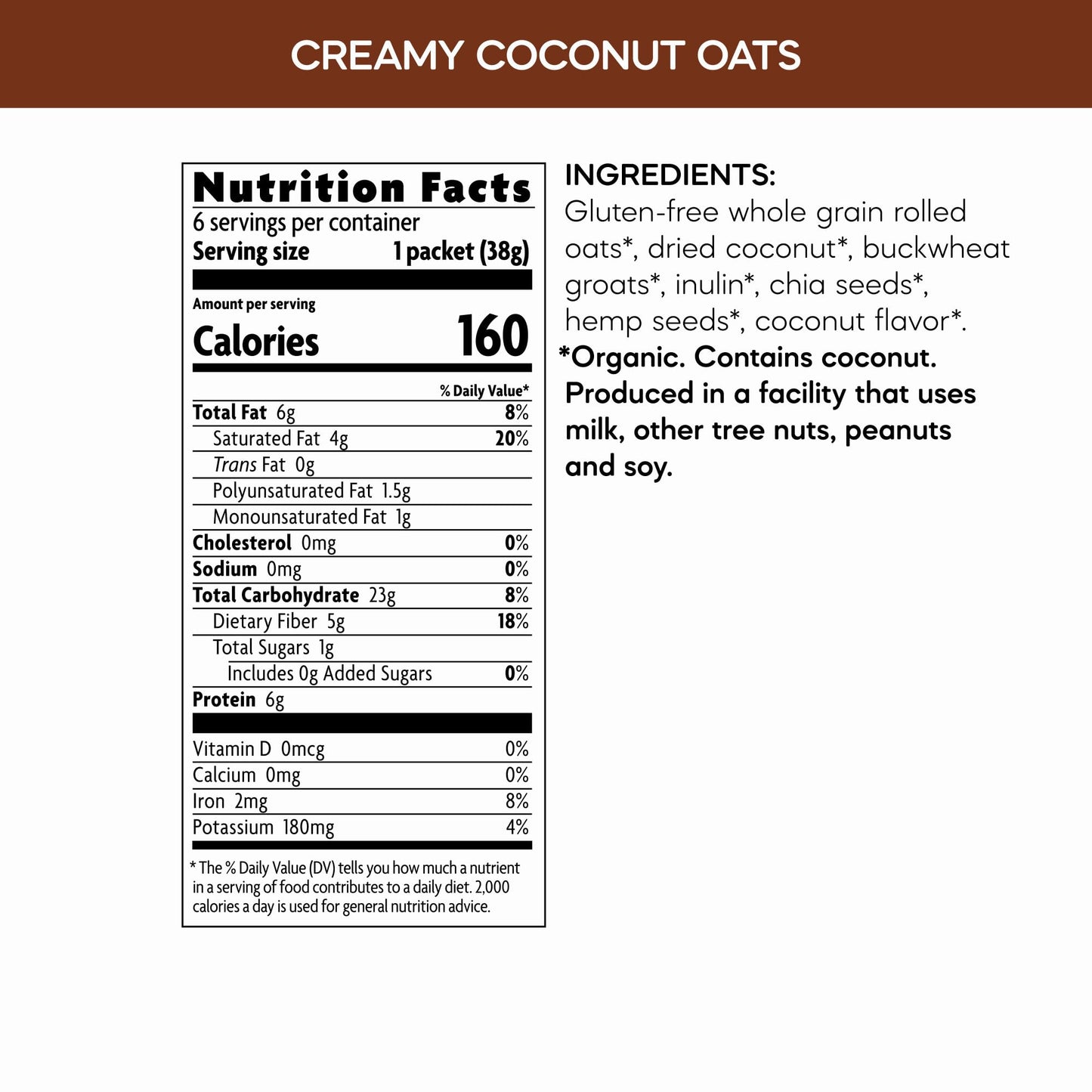 Qia Superfood Organic Gluten Free Creamy Coconut Instant Oatmeal, 6 Packets, Non-Gmo, 35G Whole Grains, 6G Plant Based Protein,
