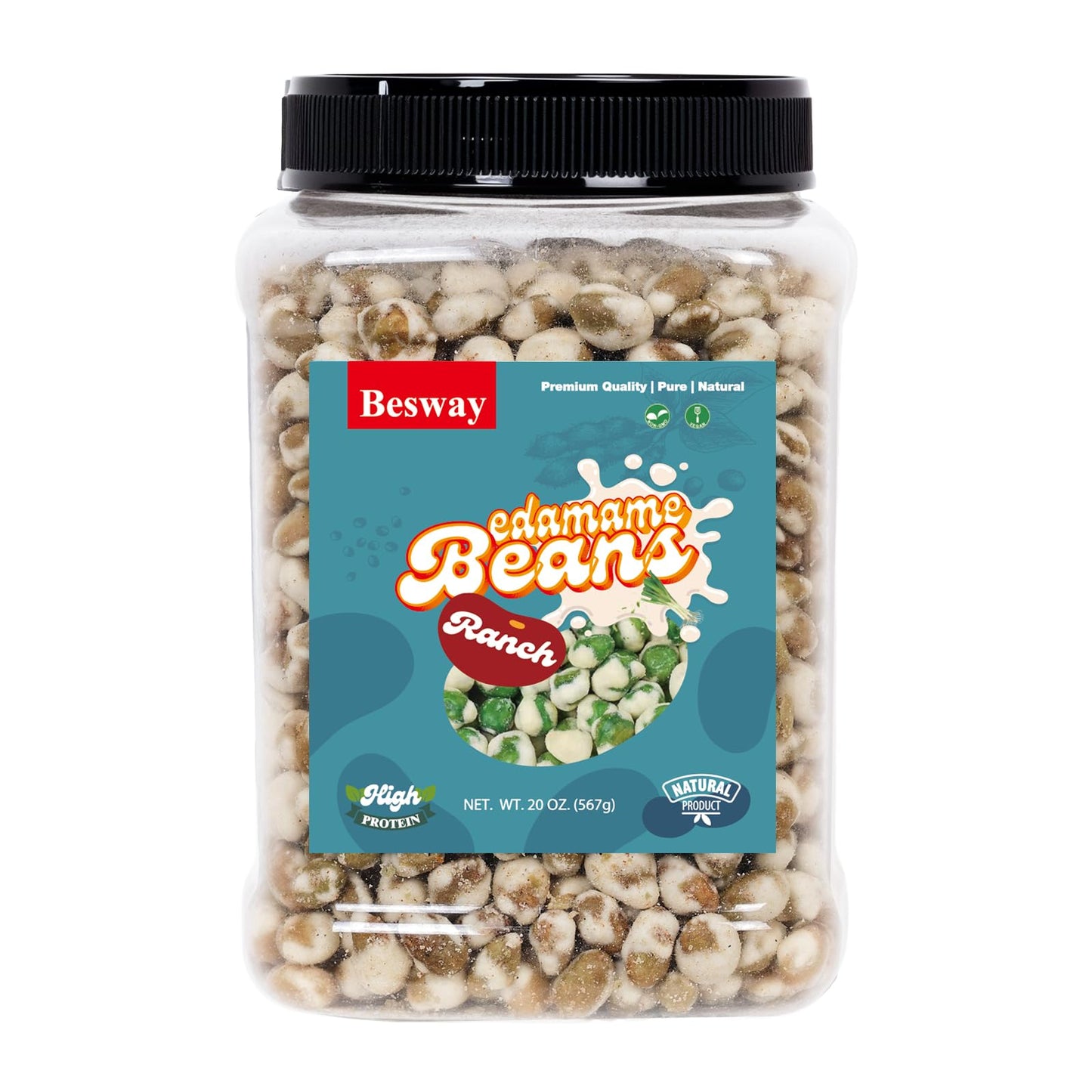 Besway Ranch Flavor Dry Roasted Edamame 20 oz, High Protein Crunchy Snack, Non-GMO, Vegan, Gluten-Free, Transparent Plastic Jar 