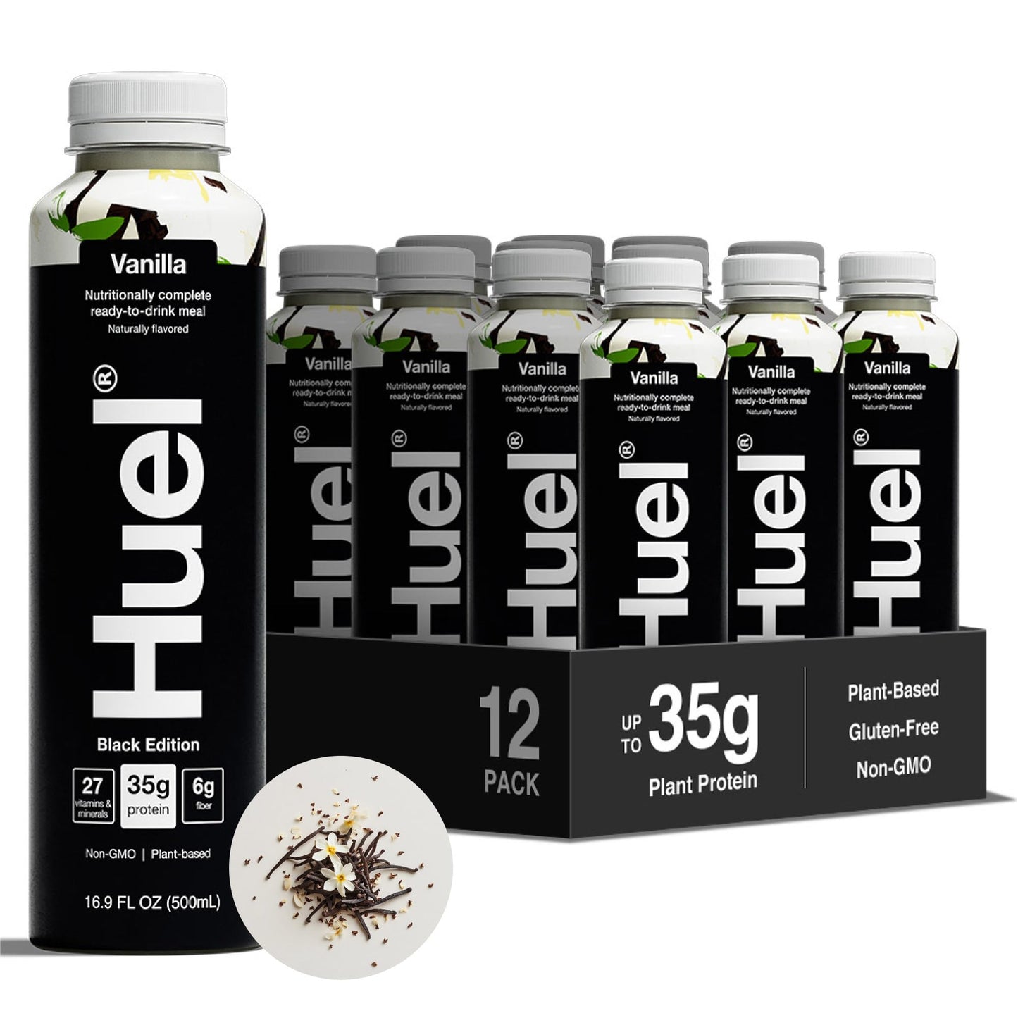 Huel Black Edition Ready-to-Drink | Vanilla Meal Replacement Shake | 35g High Protein Drink | 27 Vitamins & Minerals  Vegan  Gluten Free | Plant Based | High Fiber  Low Sugar | 16.9 Fl Oz  12 Pack