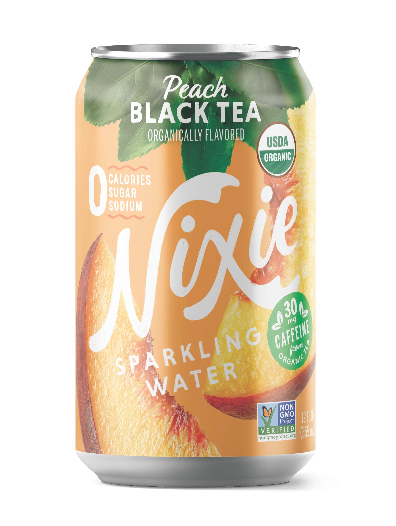 Nixie Sparkling Water, Peach Black Tea, Organic, Non-GMO, 12 fl oz cans, 24 pack, Lightly Caffeinated, 0 Calories, 0 Sugar