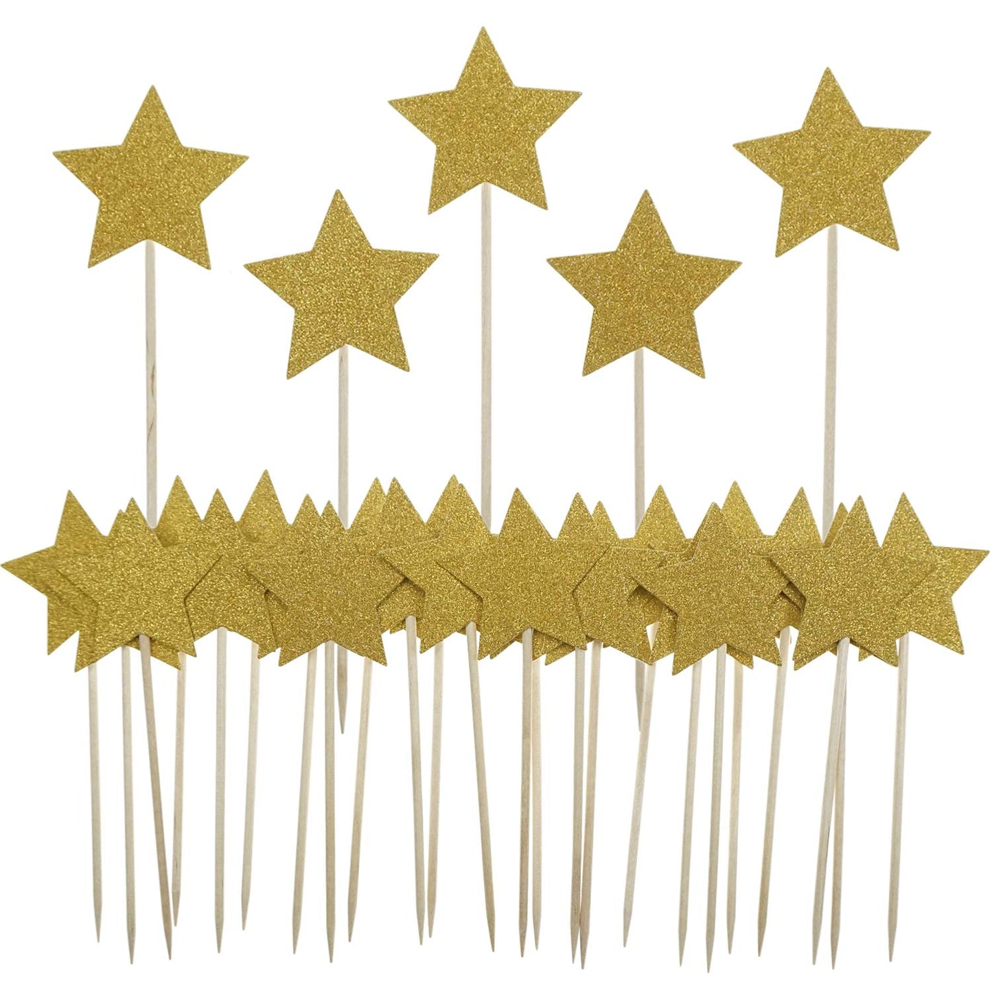 Bilipala Gold Star Cake Cupcake Decorations Toppers Picks Supplies, Appetizer Picks, 30 Counting