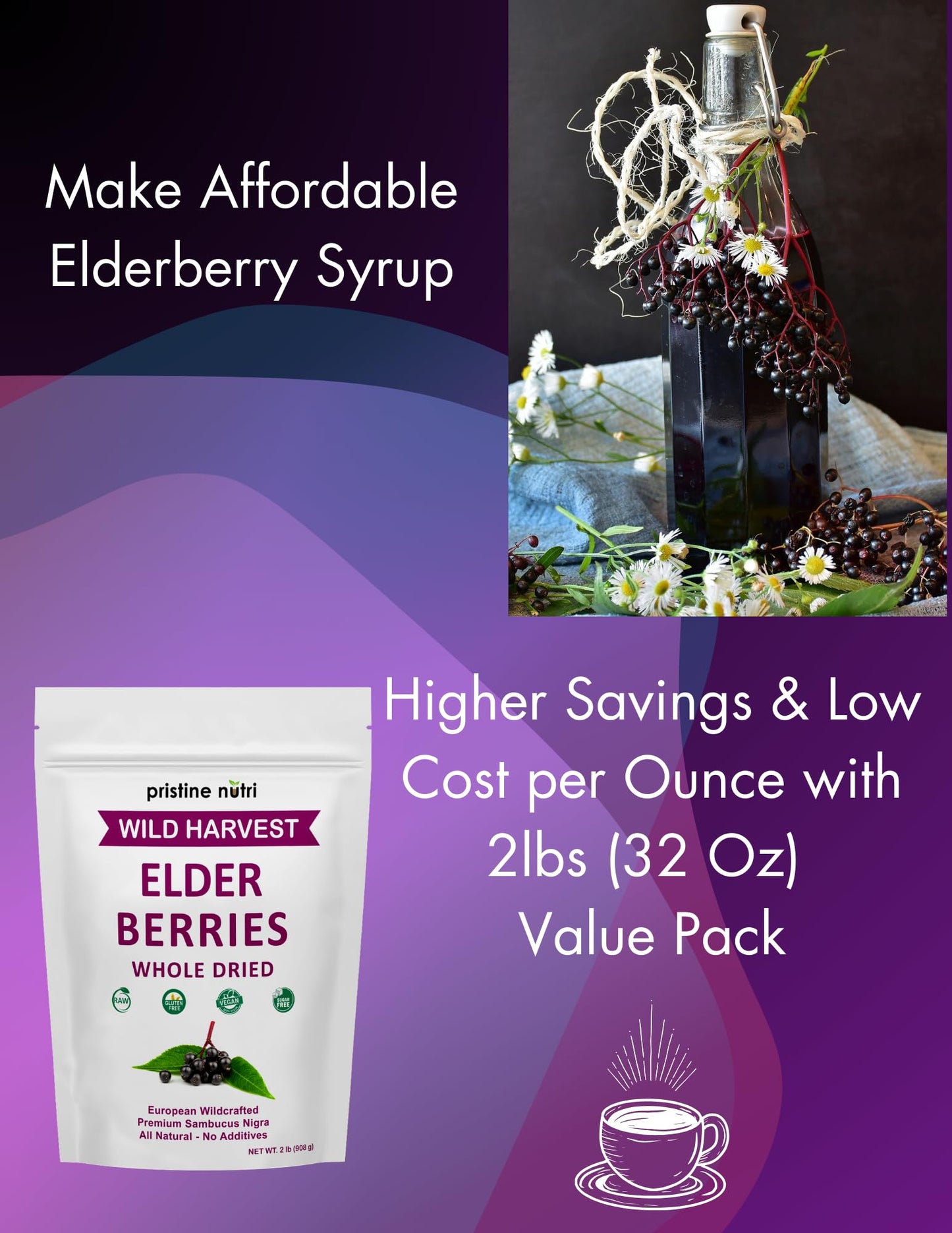 Pristine Nutri Dried Elderberries | Wildcrafted, Non-GMO | 2 lb (32 oz) Immunity Booster Antioxidants and Vitamins