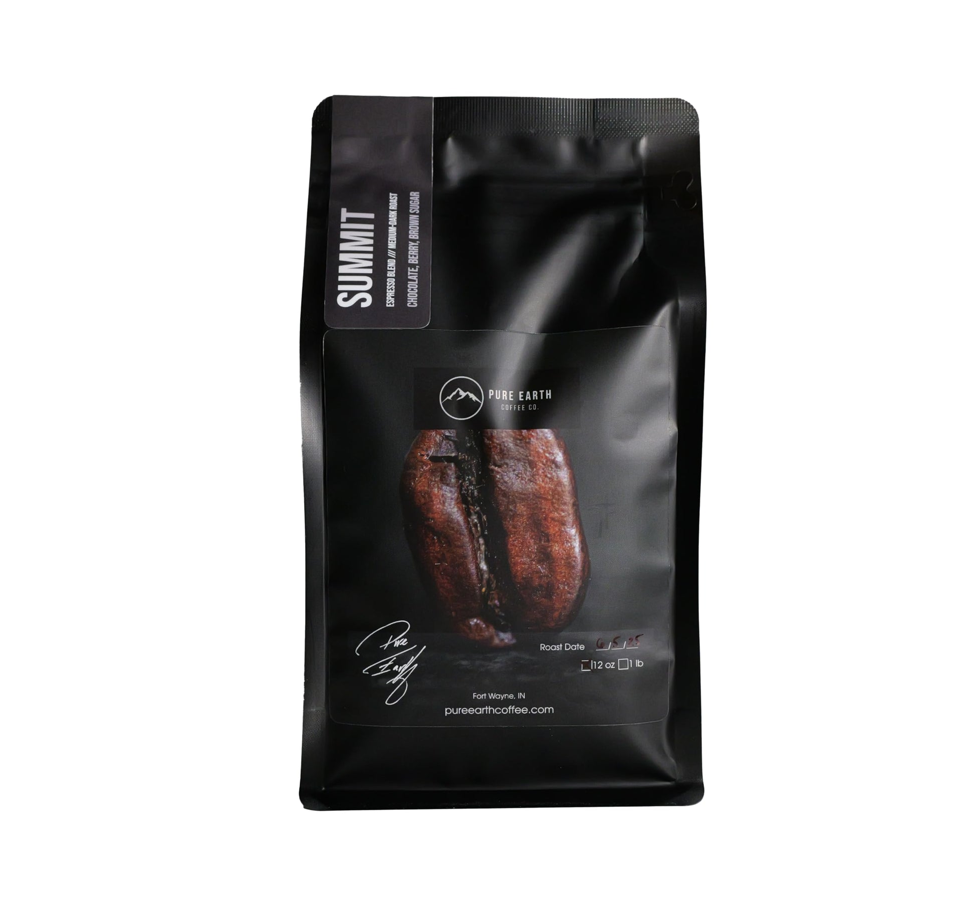 PURE EARTH COFFEE CO. Whole Bean Coffee, Summit Signature Blend, Medium Espresso Roast, Dark Chocolate, Berry, Creamy Brown Suga
