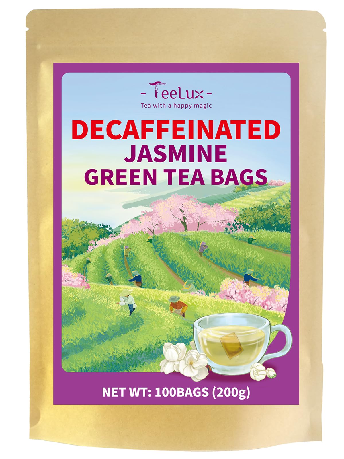 TeeLux Decaf Jasmine Green Tea Bags, Smooth Taste, 100 Count, Decaffeinated, Jasmine Scented