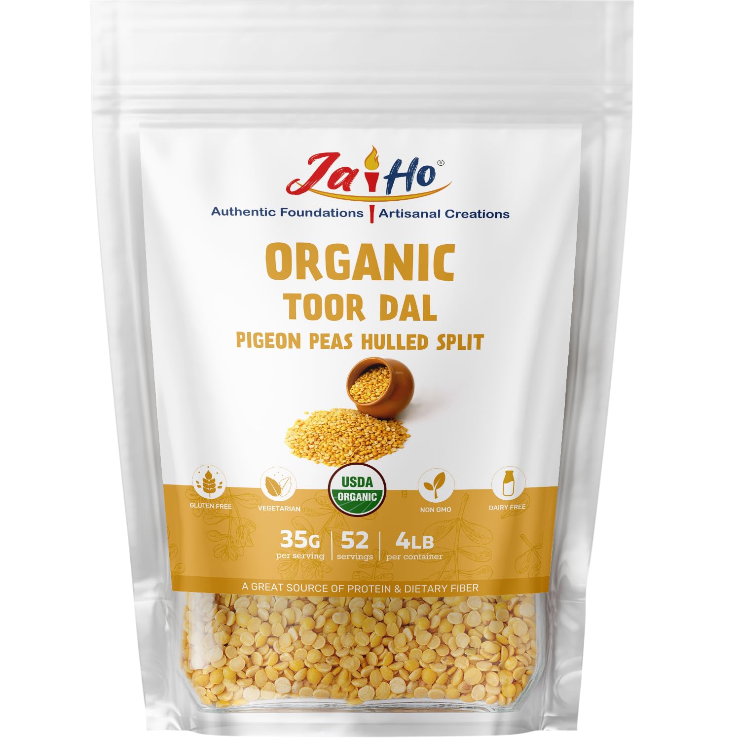 Jai Ho Certified Organic Toor Daal 4 lb | Pigeon Peas Hulled Split | Indian Toor Daal | USDA Organic | Non-GMO | Chemical-Free |