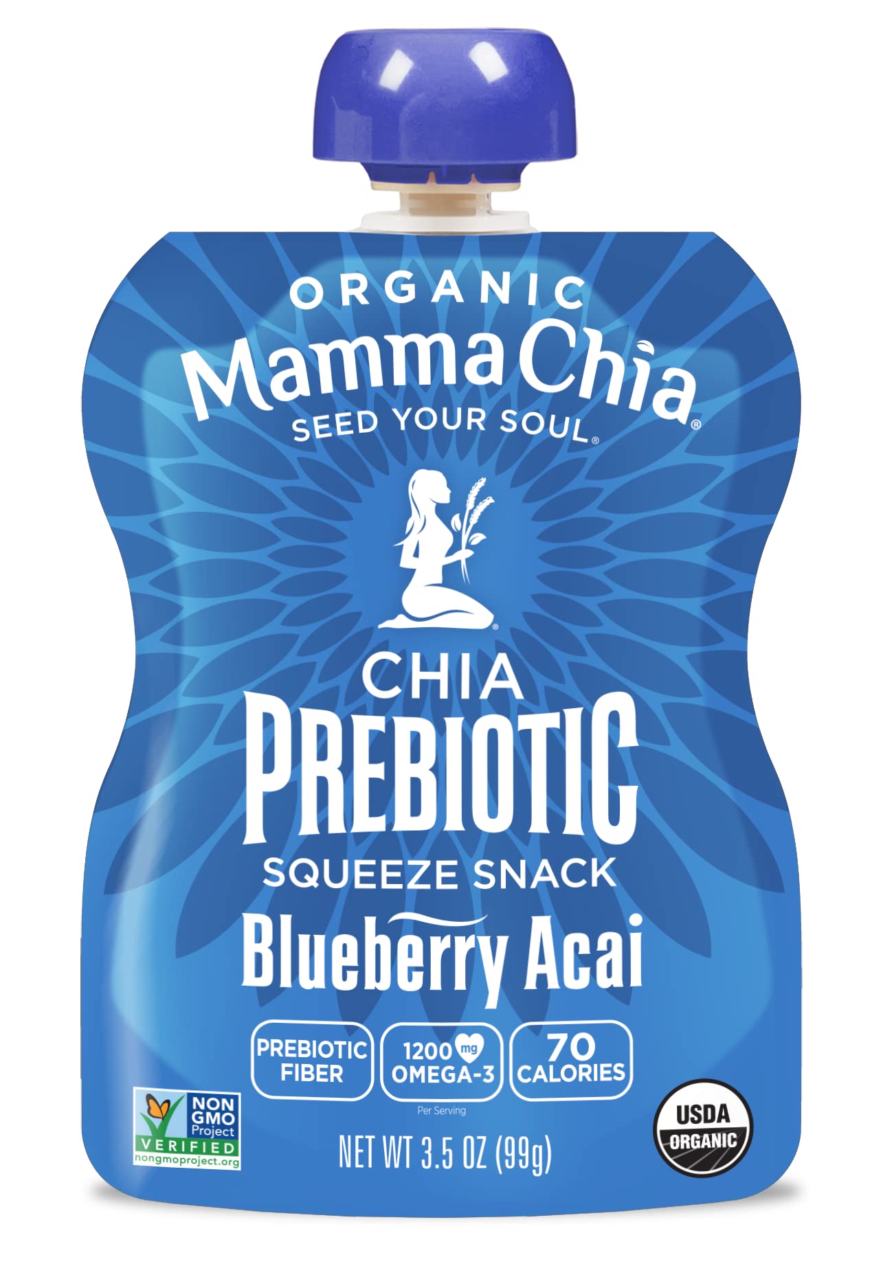 Mamma Chia Organic Prebiotic Squeeze Snack, Blueberry Acai, 16- 3.5 Ounce, Fiber-Rich Prebiotic Gut Support, Usda Organic, Non-G